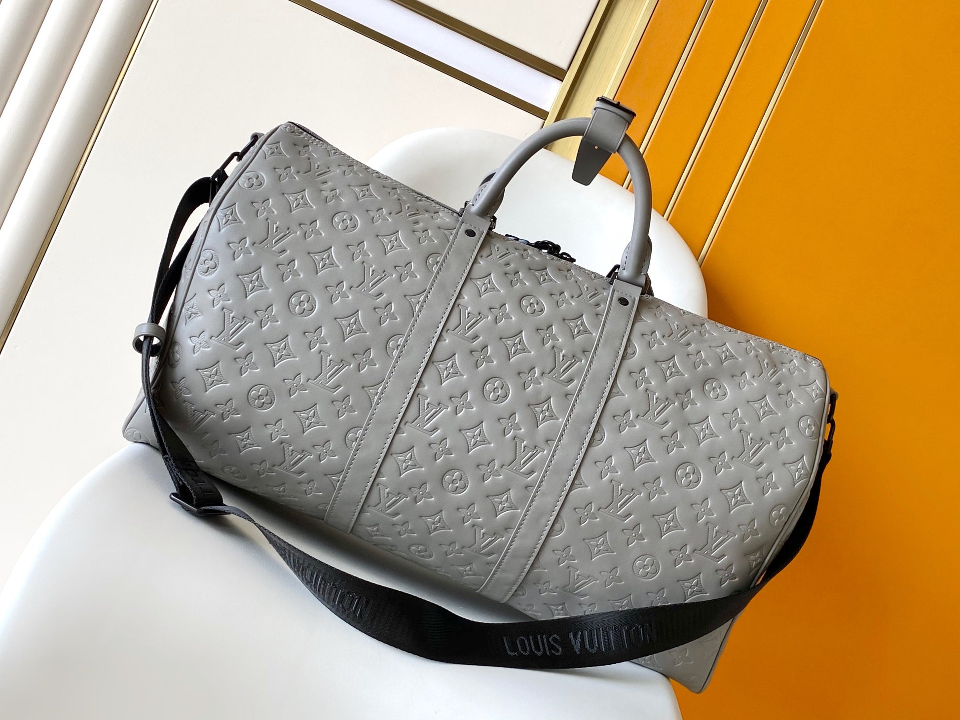 Louis Vuitton Luxury Grey Monogram Embossed Leather Weekender Duffle Bag