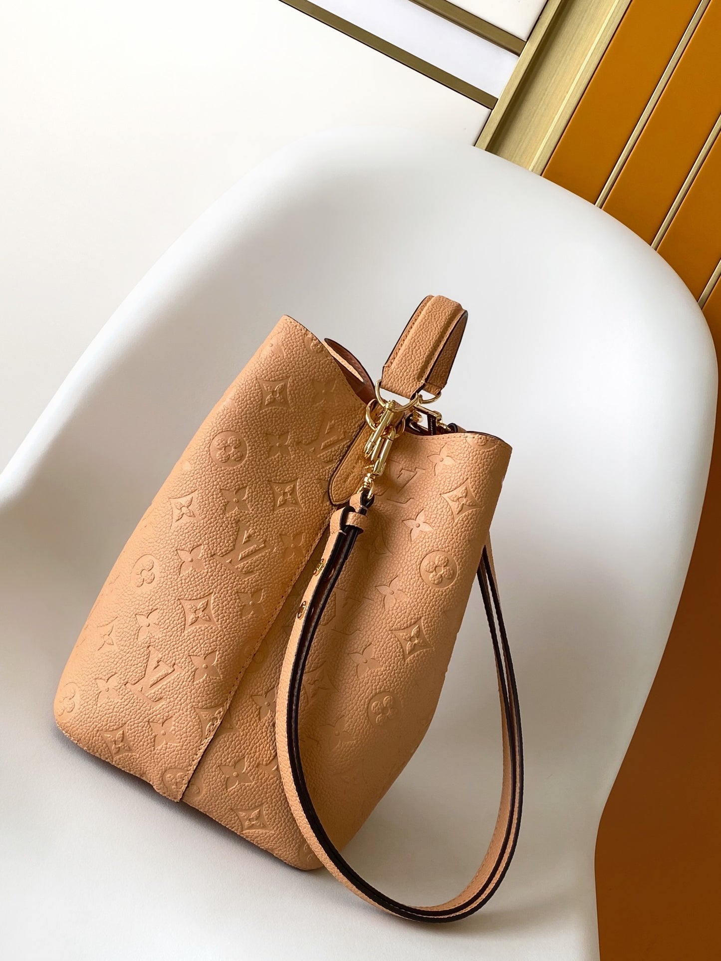Louis Vuitton Beige Embossed Leather Drawstring Bucket Bag with Shoulder Strap