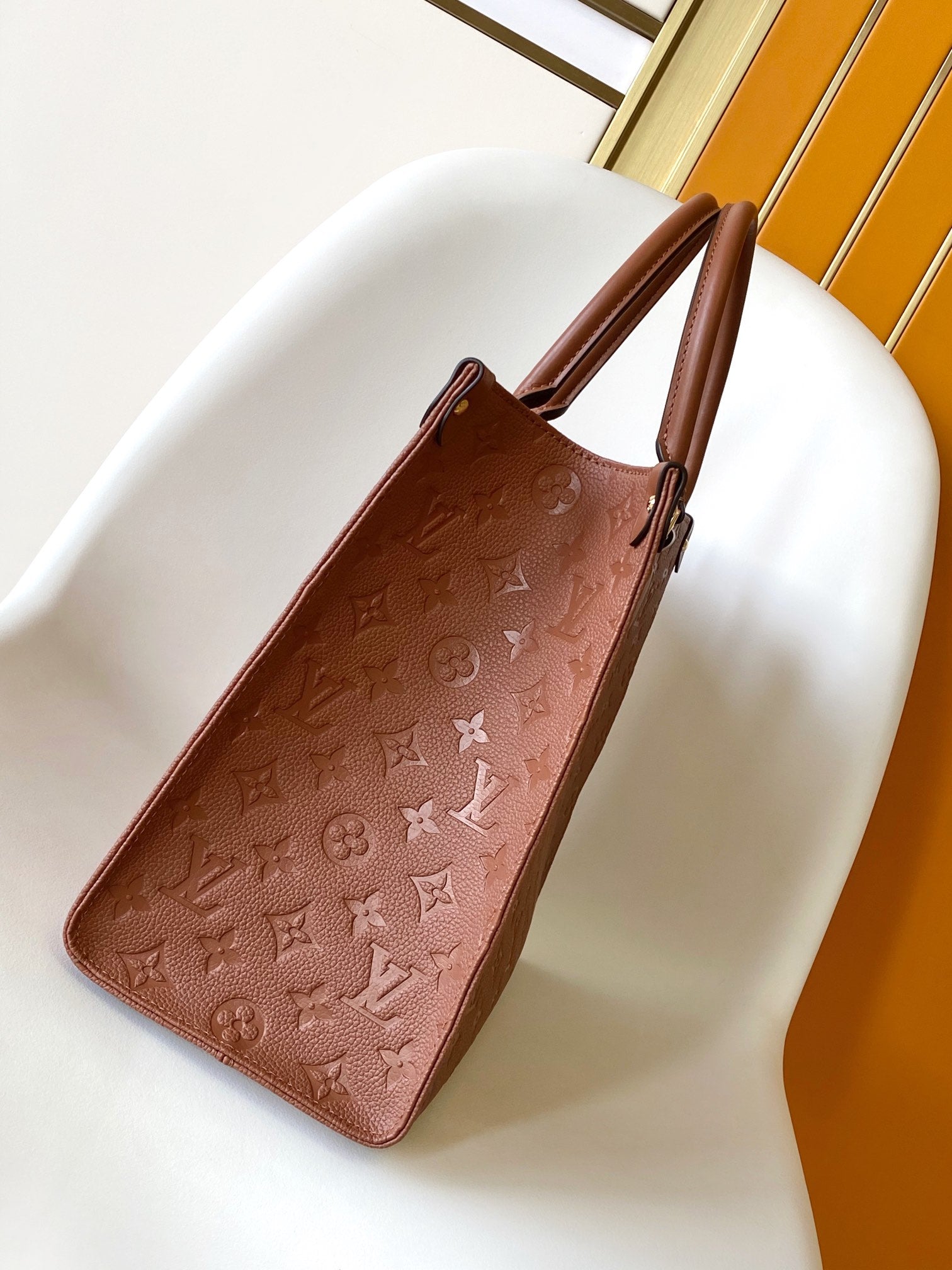 Louis Vuitton Cognac Brown Embossed Leather Large Tote Bag with Top Handles