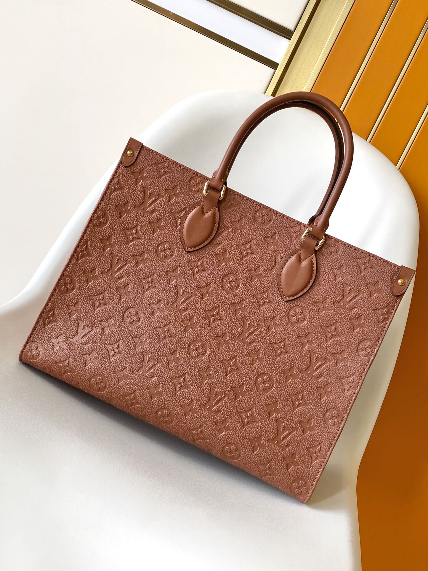 Louis Vuitton Cognac Brown Embossed Leather Large Tote Bag with Top Handles