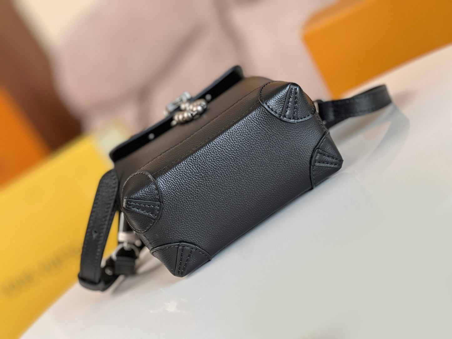 Louis Vuitton Black Leather Mini Backpack Purse with Silver Lock and Pearl Charm