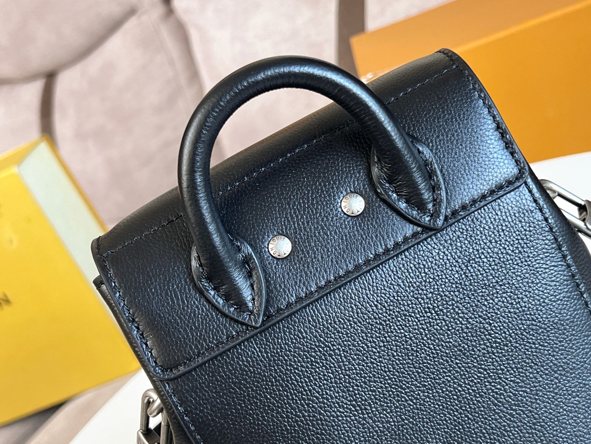 Louis Vuitton Black Leather Mini Backpack Purse with Silver Lock and Pearl Charm