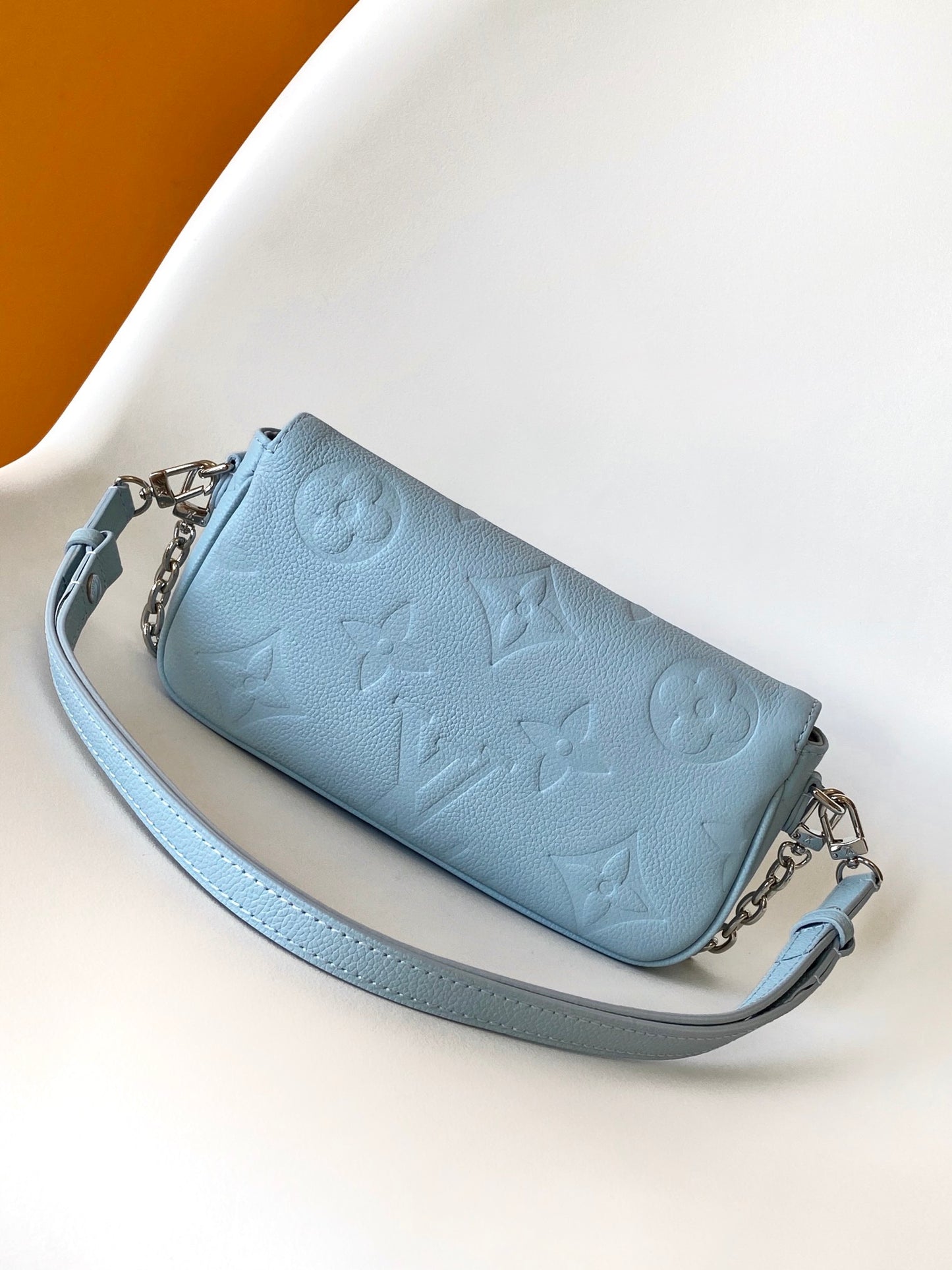 Louis Vuitton Light Blue Embossed Leather Baguette Shoulder Bag with Chain