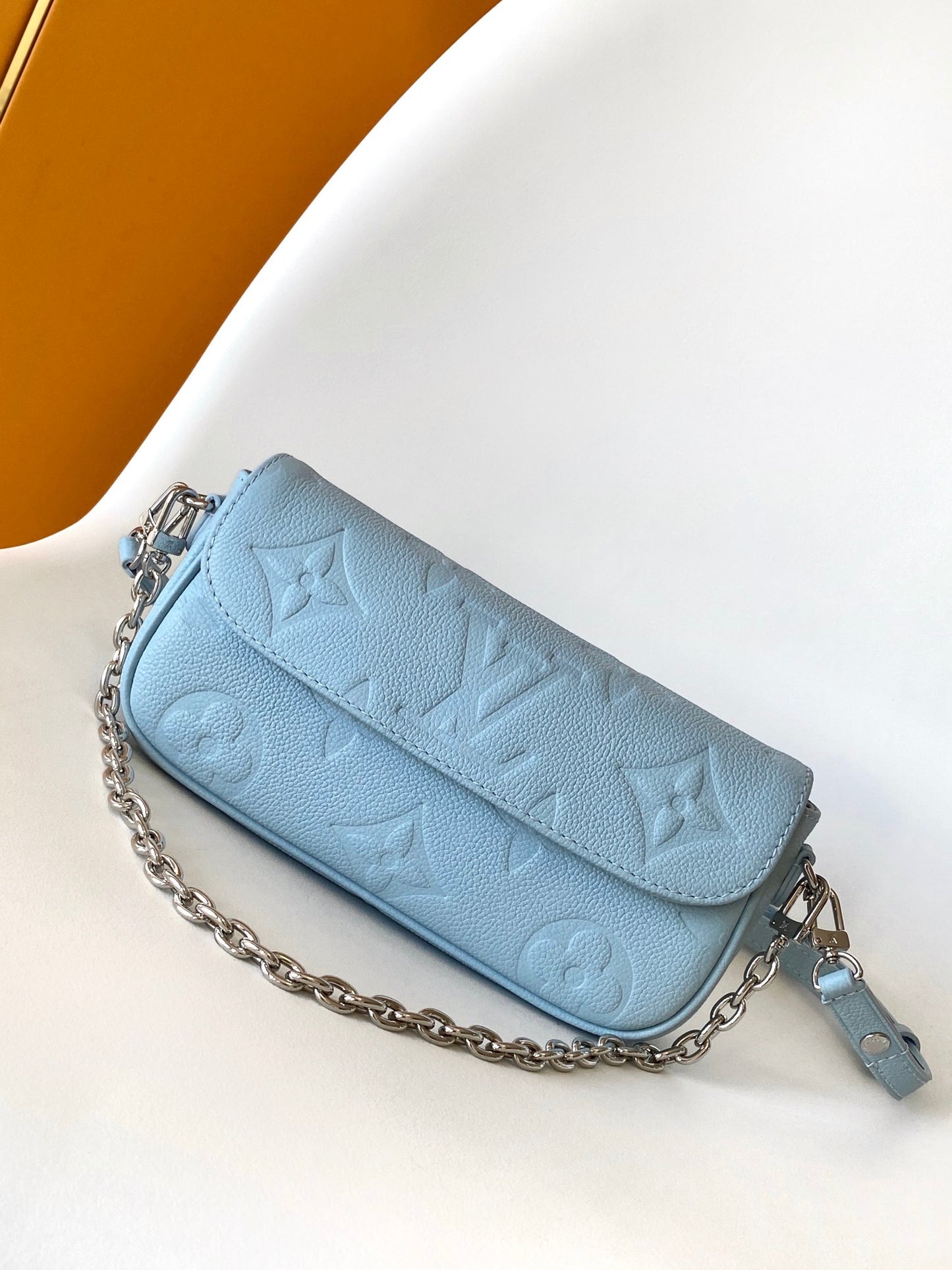 Louis Vuitton Light Blue Embossed Leather Baguette Shoulder Bag with Chain