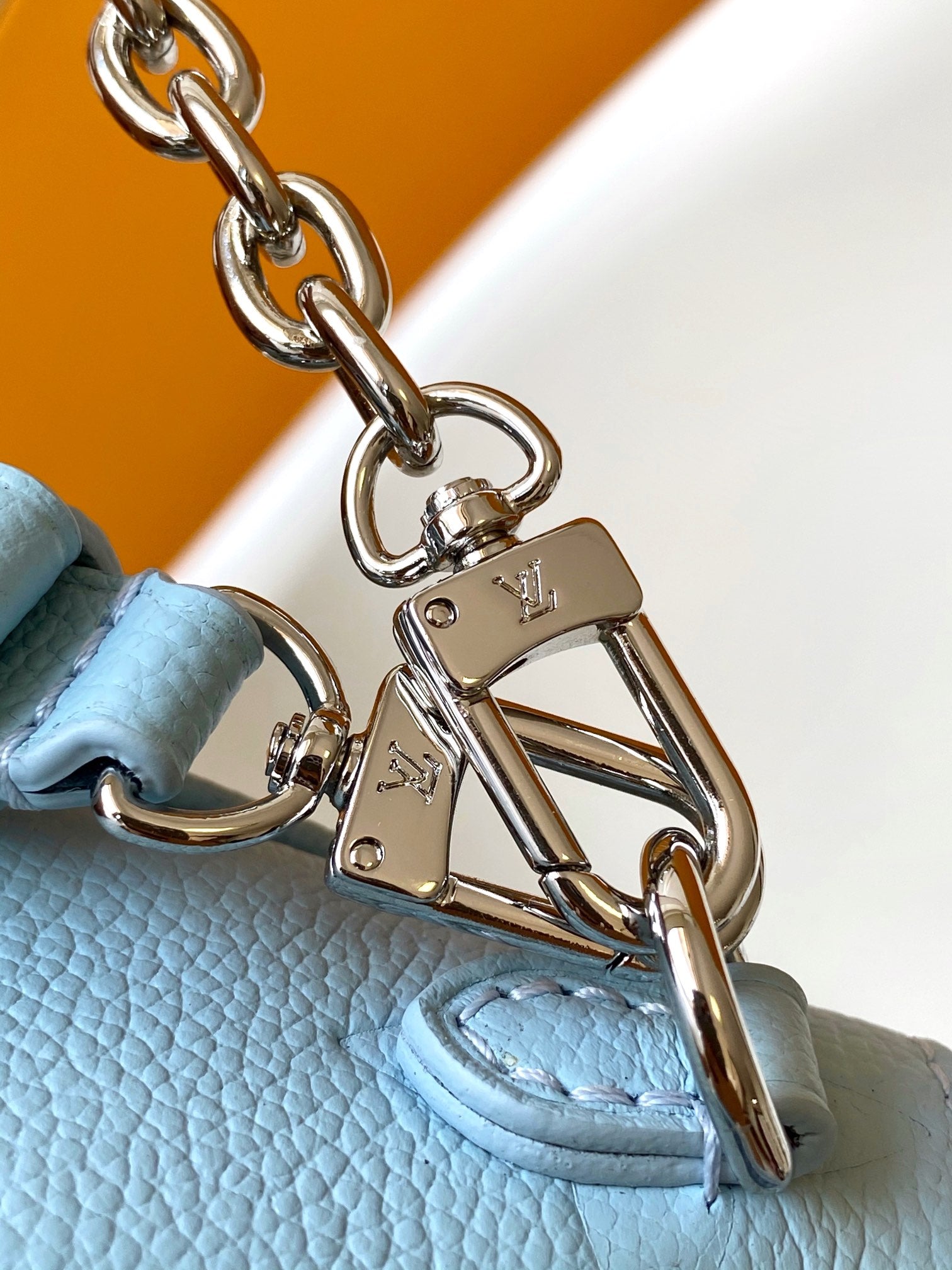 Louis Vuitton Light Blue Embossed Leather Baguette Shoulder Bag with Chain