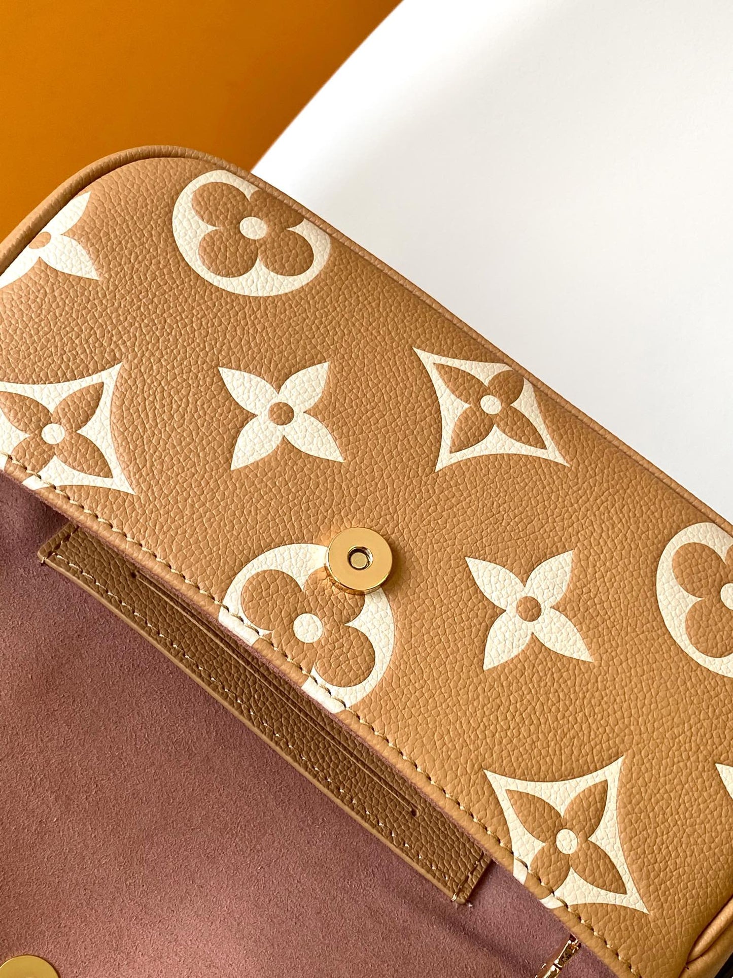 Louis Vuitton Elegant Beige Monogram Leather Crossbody Bag with Gold Chain