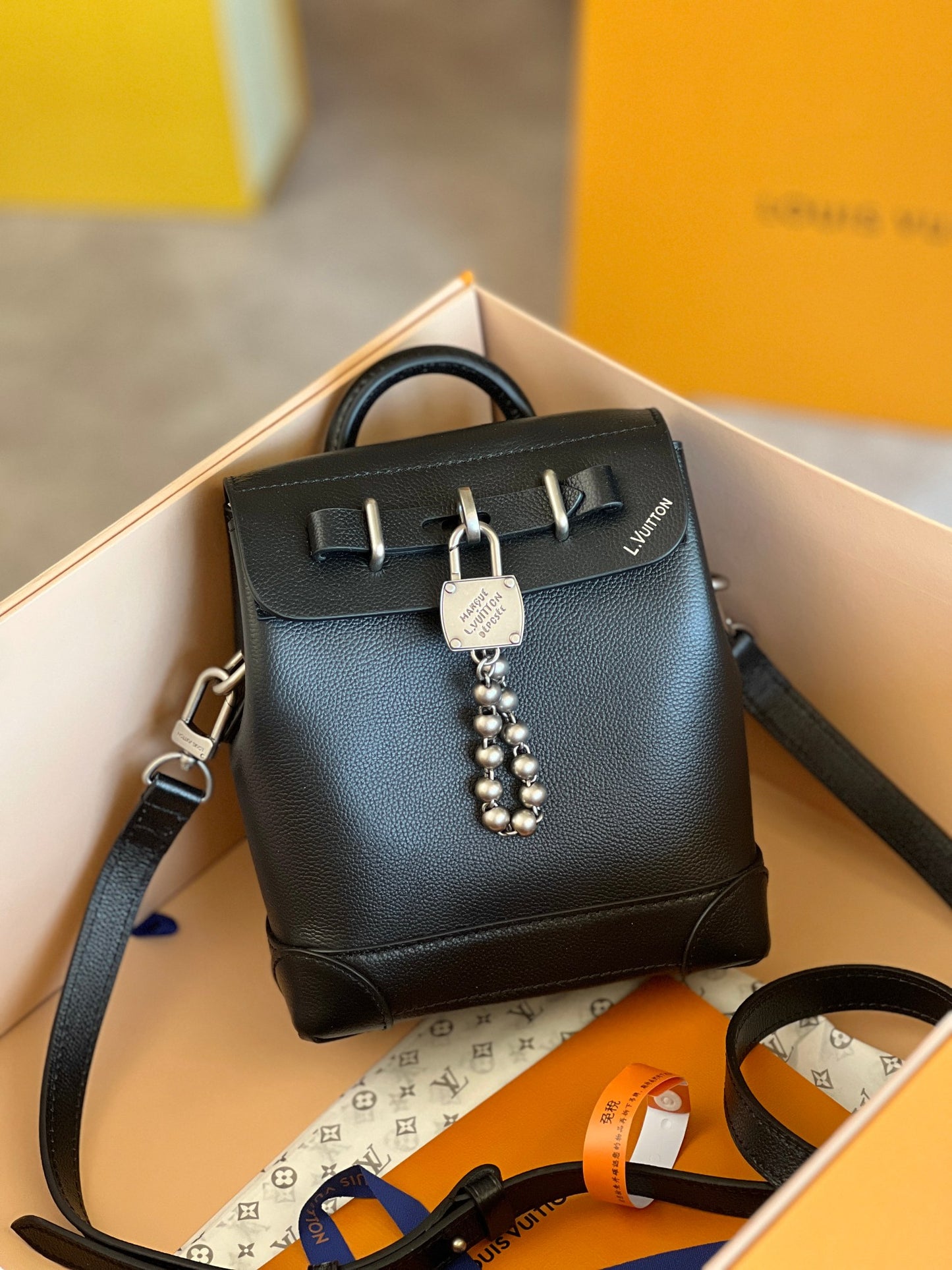 Louis Vuitton Black Leather Mini Backpack Purse with Silver Lock and Pearl Charm