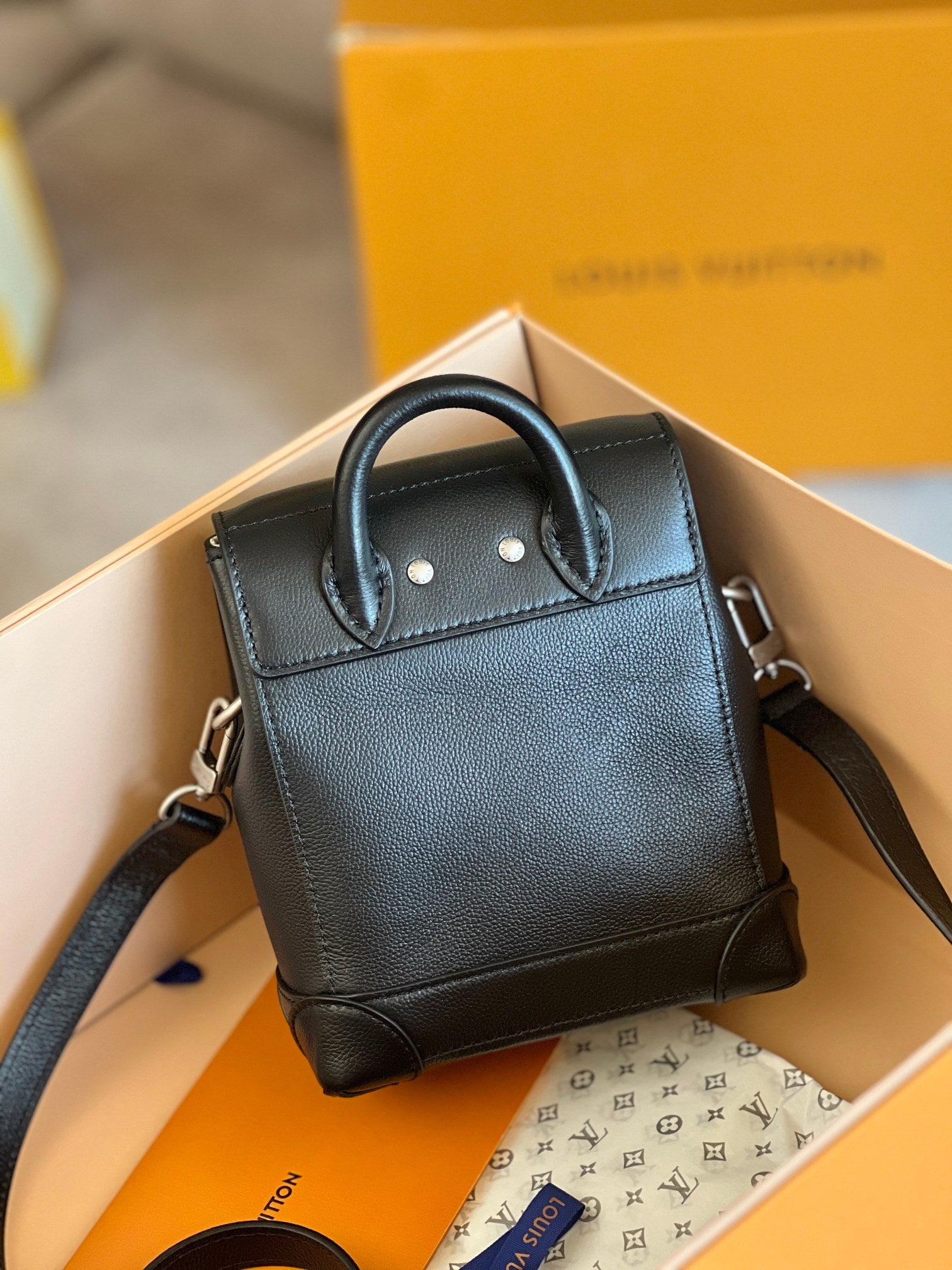 Louis Vuitton Black Leather Mini Backpack Purse with Silver Lock and Pearl Charm