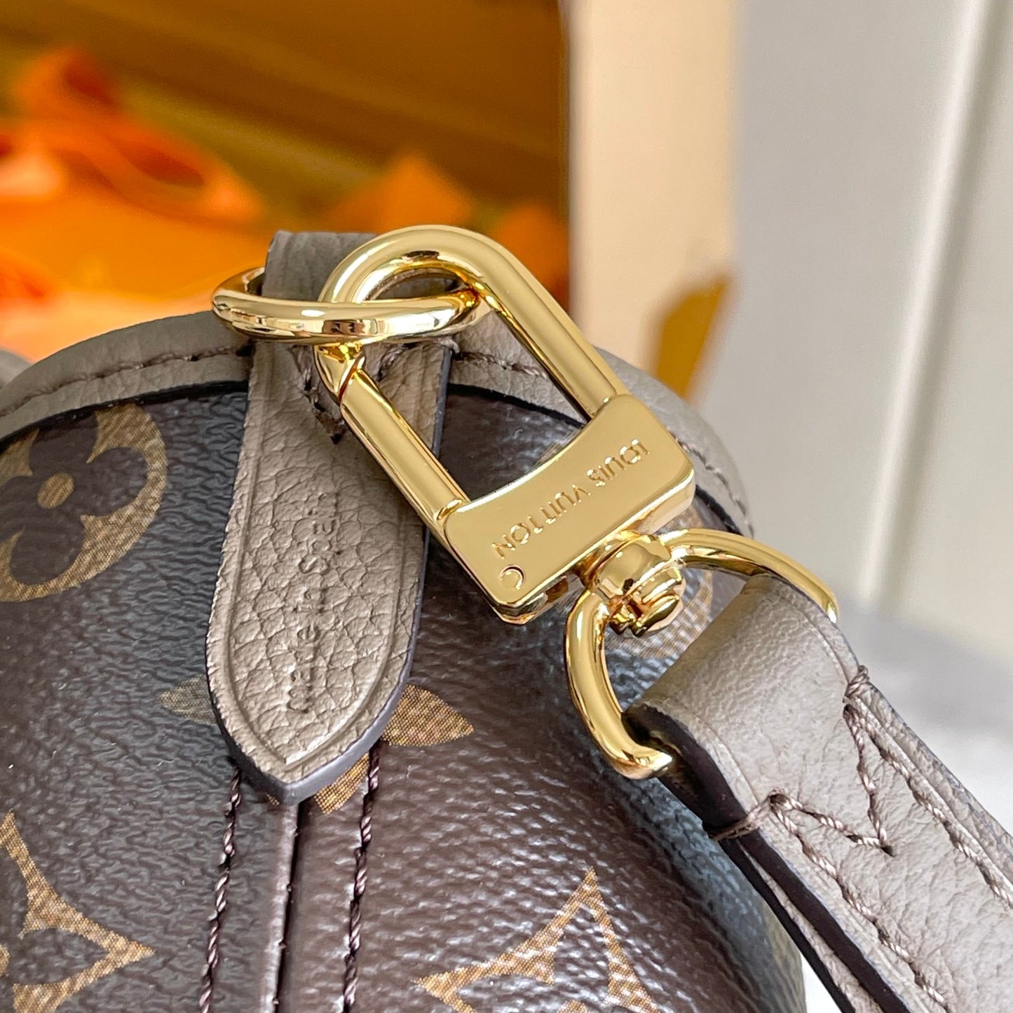 Louis Vuitton Taupe Leather Bucket Handbag with Top Handles and Shoulder Strap
