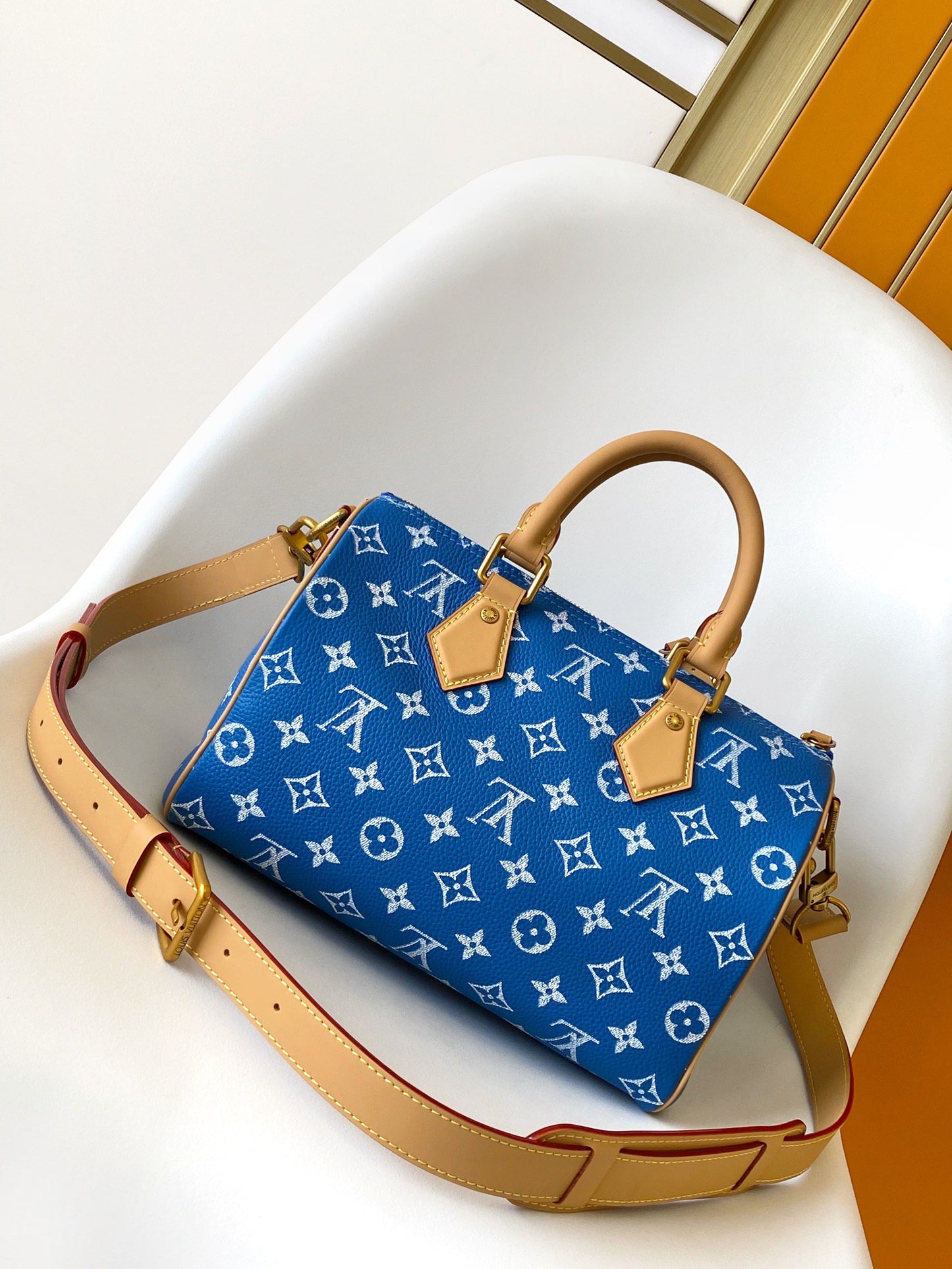 Louis Vuitton Blue and White Monogram Print Satchel Handbag with Tan Leather Trim