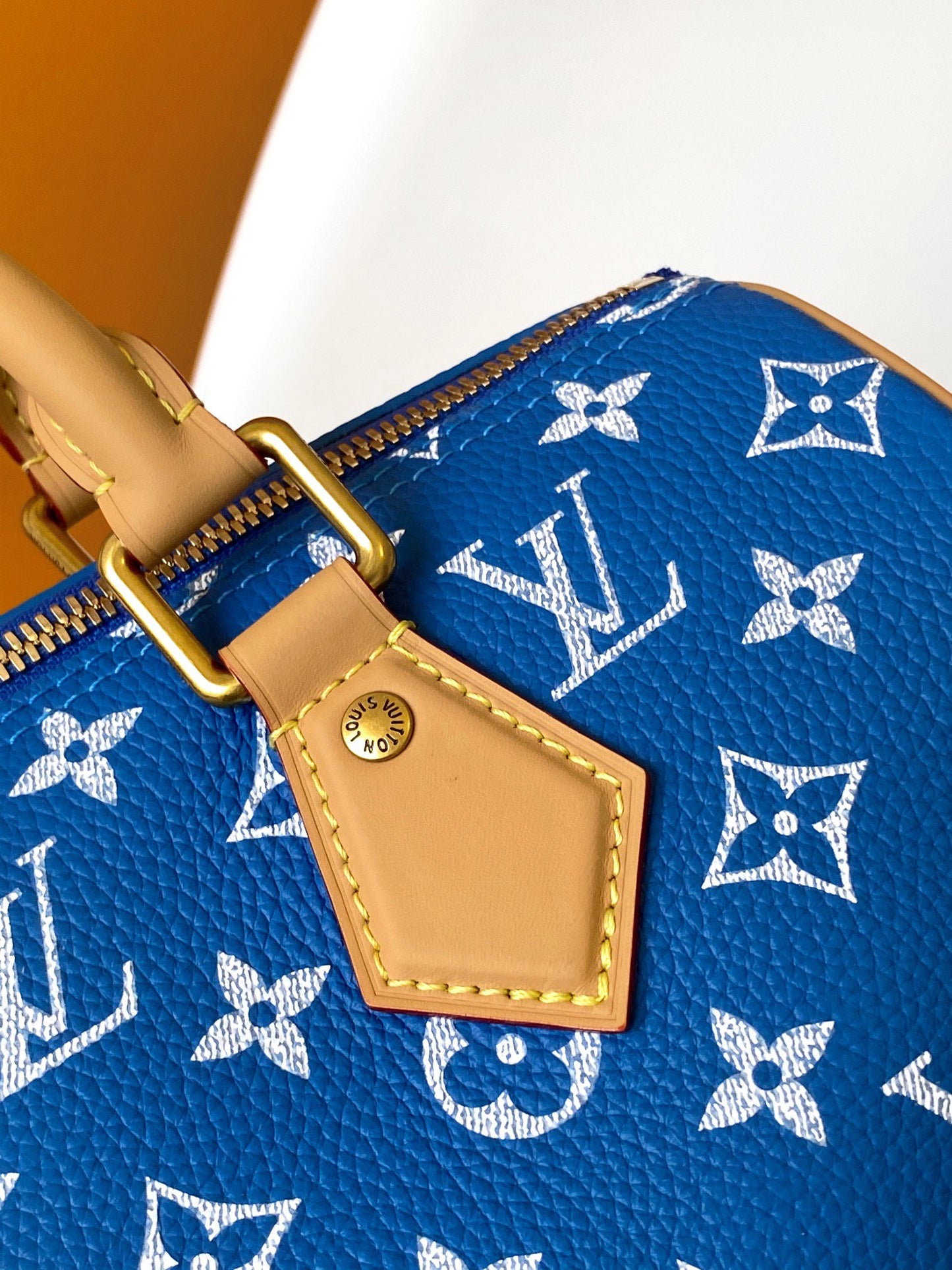 Louis Vuitton Blue and White Monogram Print Satchel Handbag with Tan Leather Trim