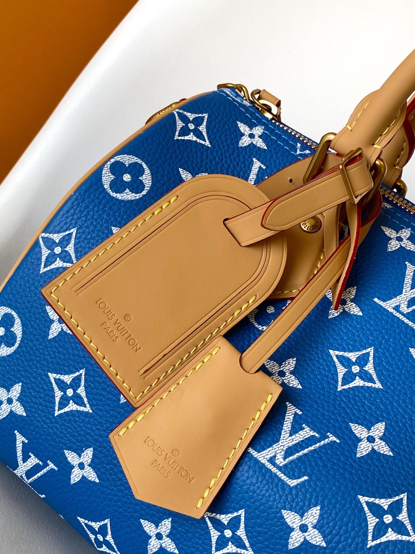 Louis Vuitton Blue and White Monogram Print Satchel Handbag with Tan Leather Trim