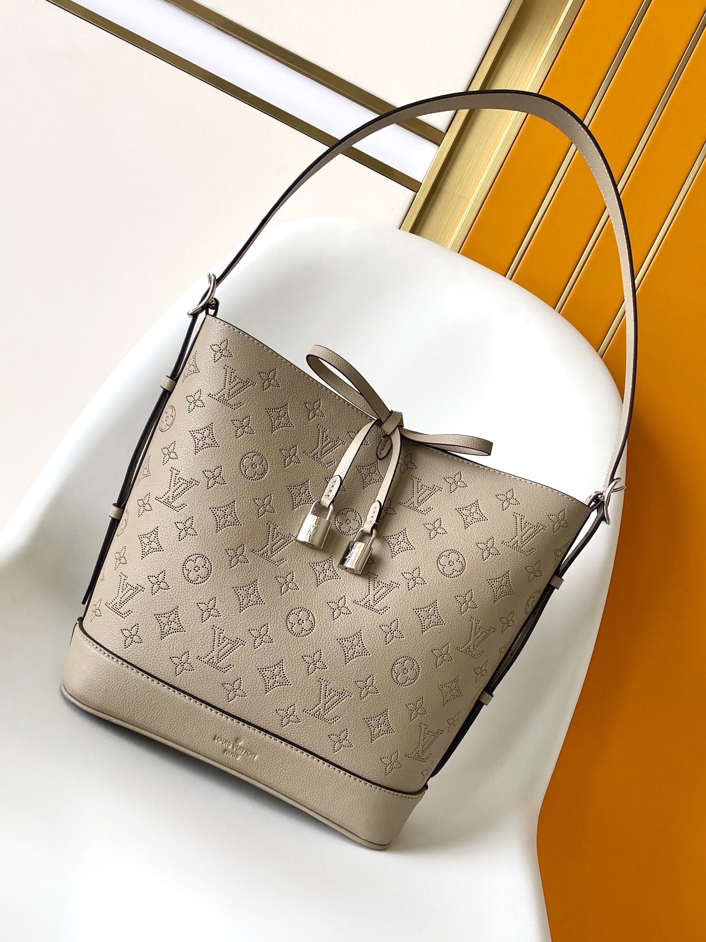 Louis Vuitton Taupe Embossed Leather Bucket Bag Drawstring Shoulder Purse