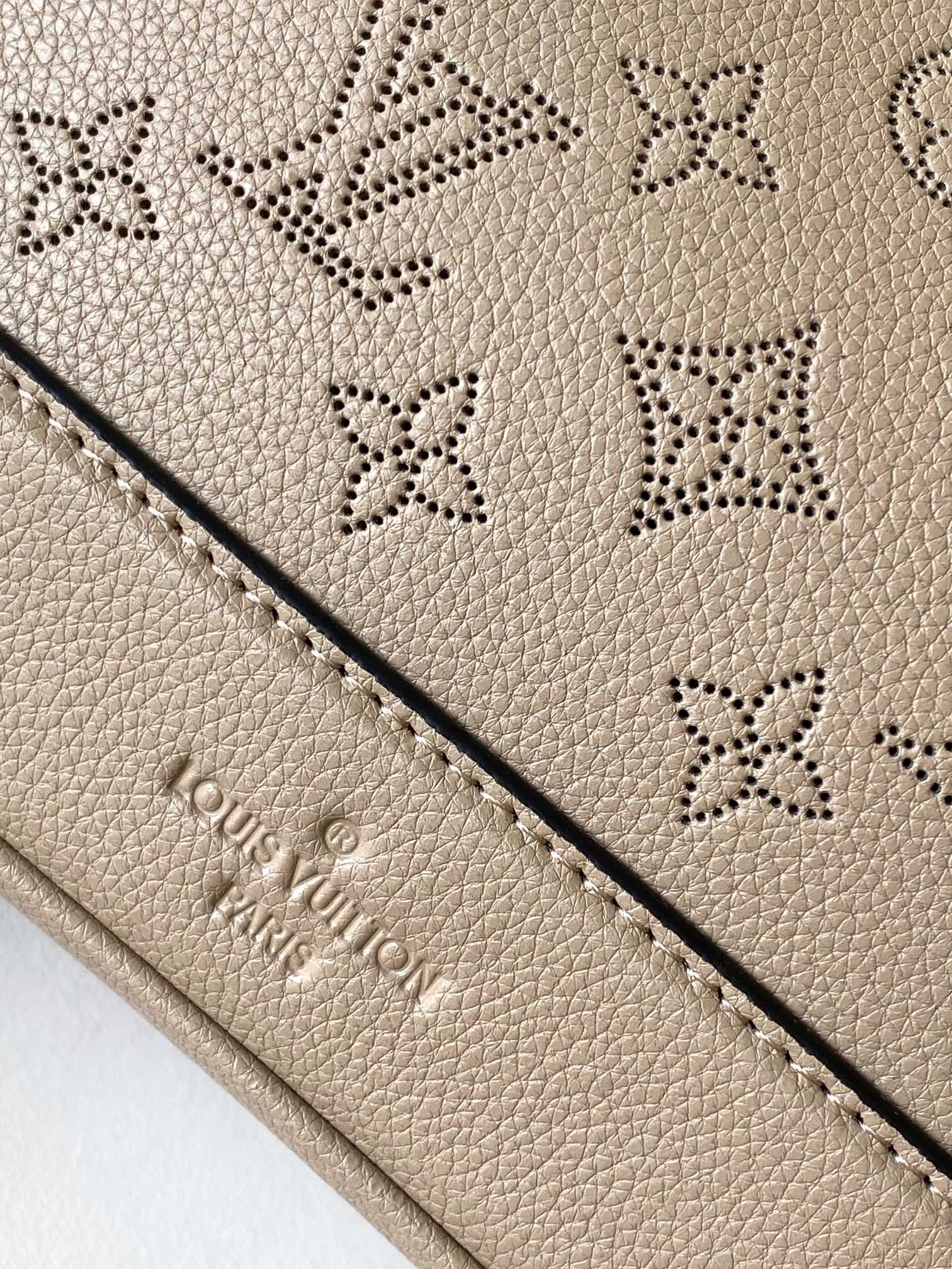 Louis Vuitton Taupe Embossed Leather Bucket Bag Drawstring Shoulder Purse
