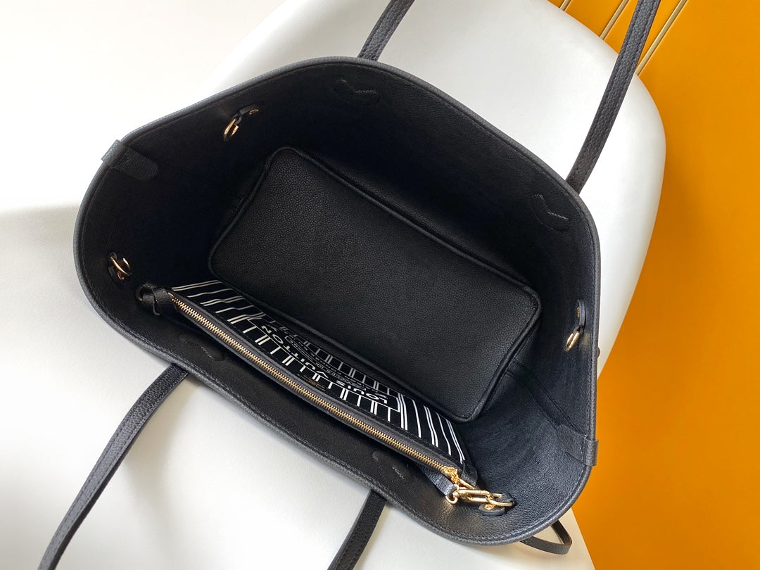 Louis Vuitton Black Leather Tote Bag with Monogram Print Lining and Pouch