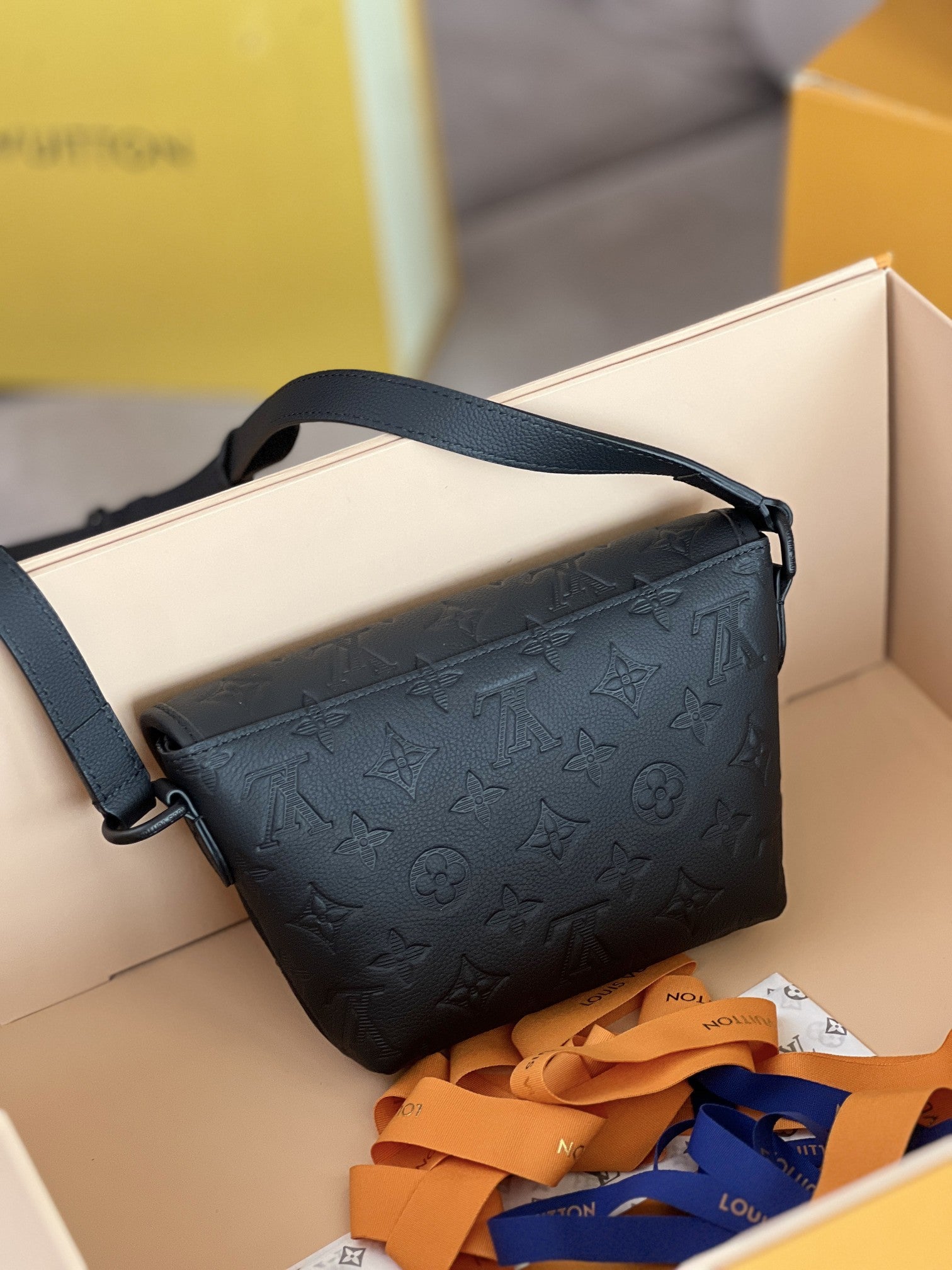 Louis Vuitton Black Embossed Monogram Leather Crossbody Bag with Adjustable Strap