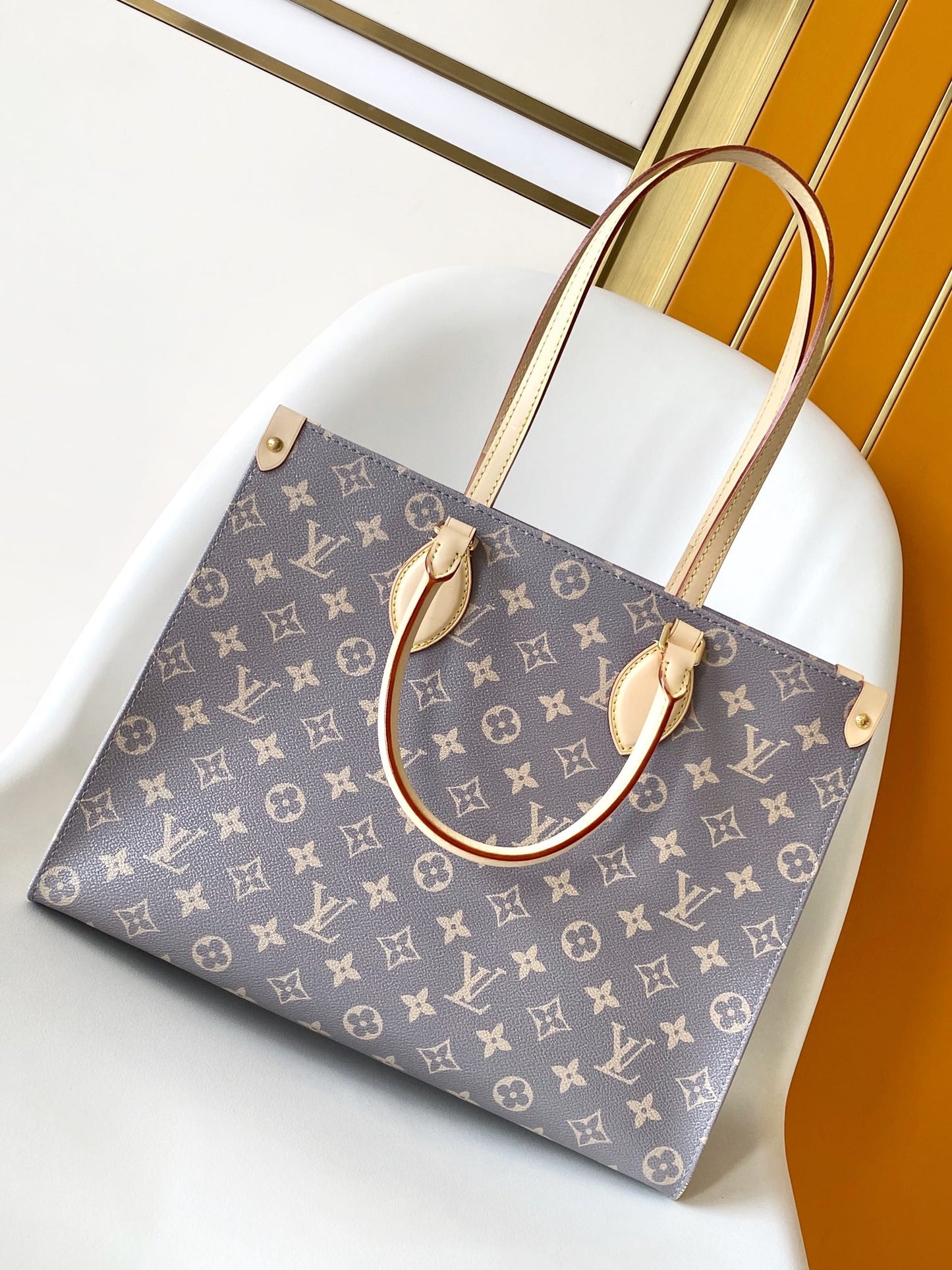Louis Vuitton Classic Grey Monogram Canvas Tote Handbag with Leather Handles