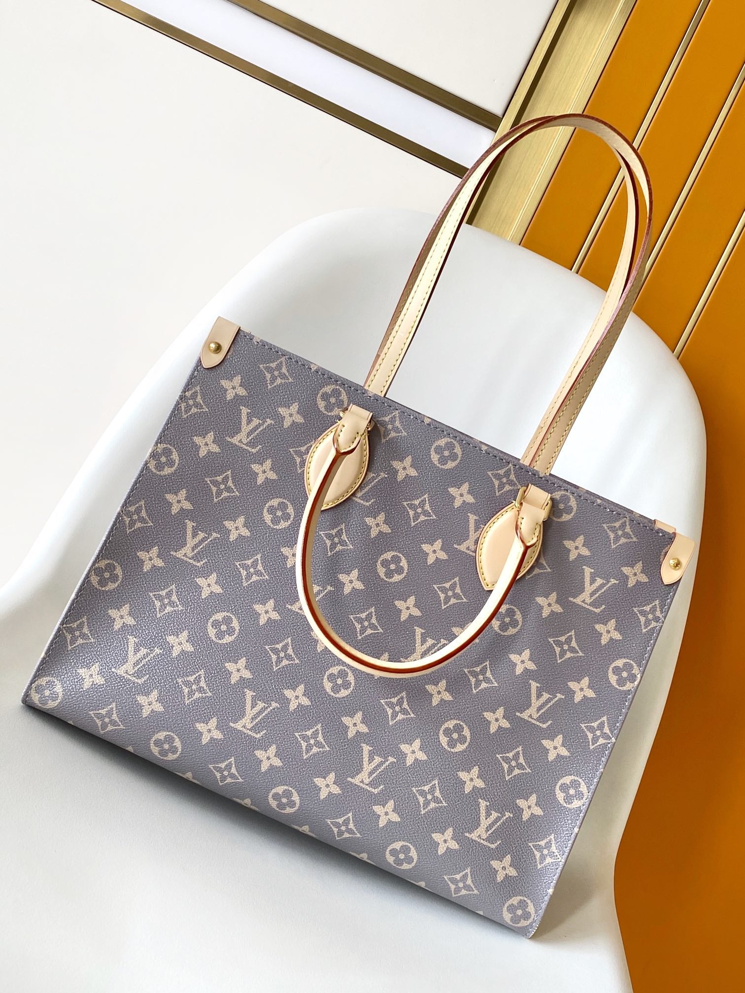 Louis Vuitton Classic Grey Monogram Canvas Tote Handbag with Leather Handles