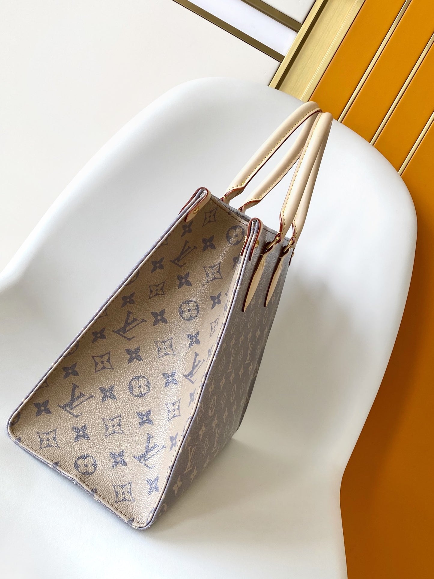 Louis Vuitton Classic Grey Monogram Canvas Tote Handbag with Leather Handles