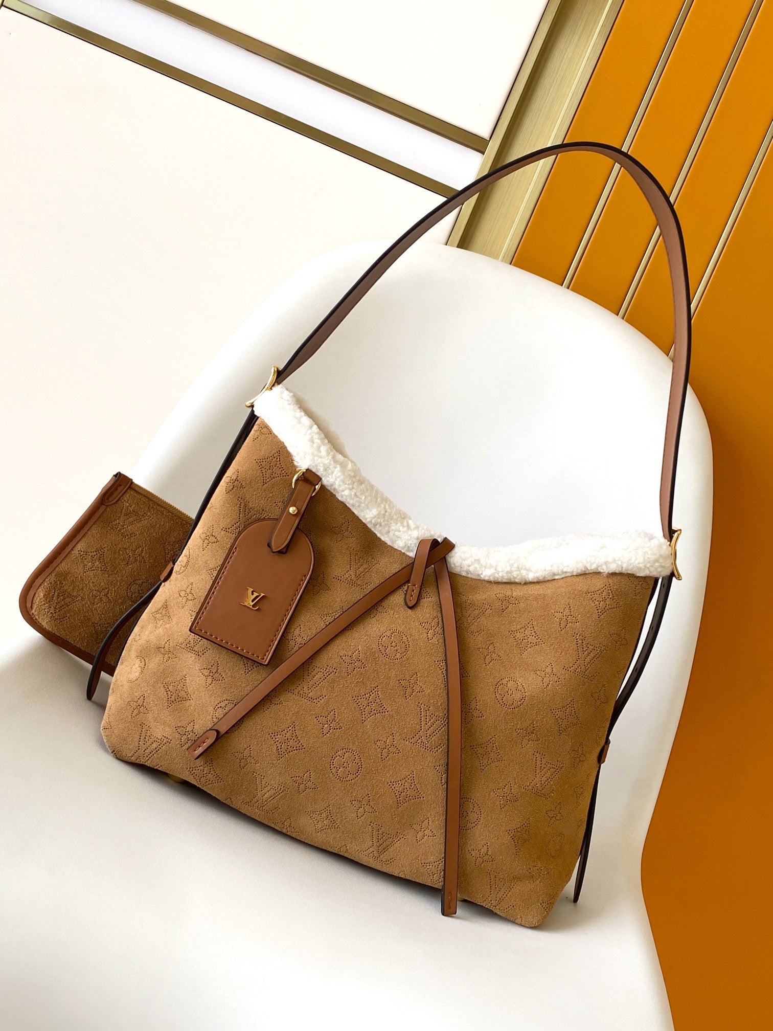 Louis Vuitton Monogram Suede Shoulder Bag with Sherpa Trim and Leather Bow