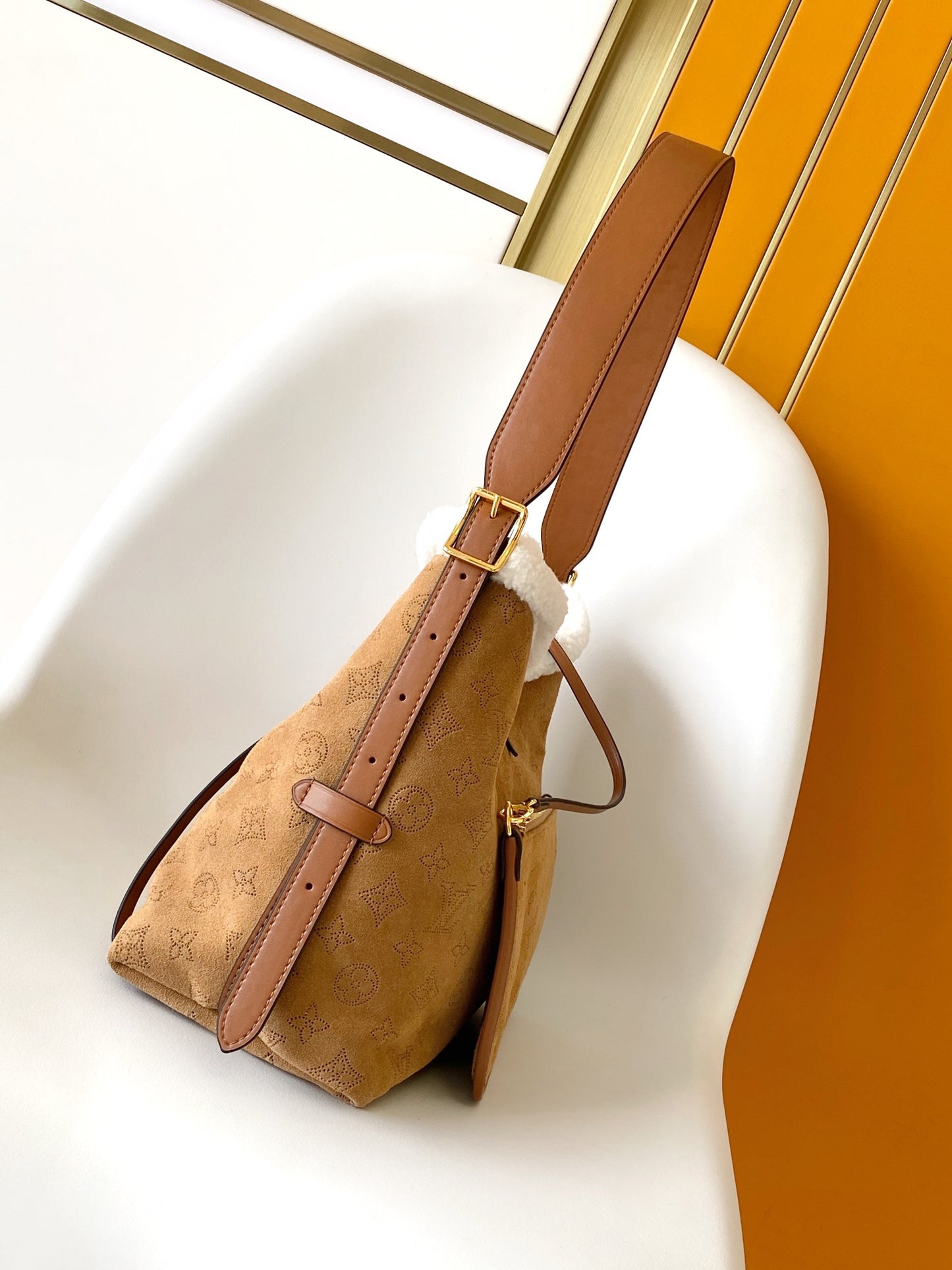 Louis Vuitton Monogram Suede Shoulder Bag with Sherpa Trim and Leather Bow