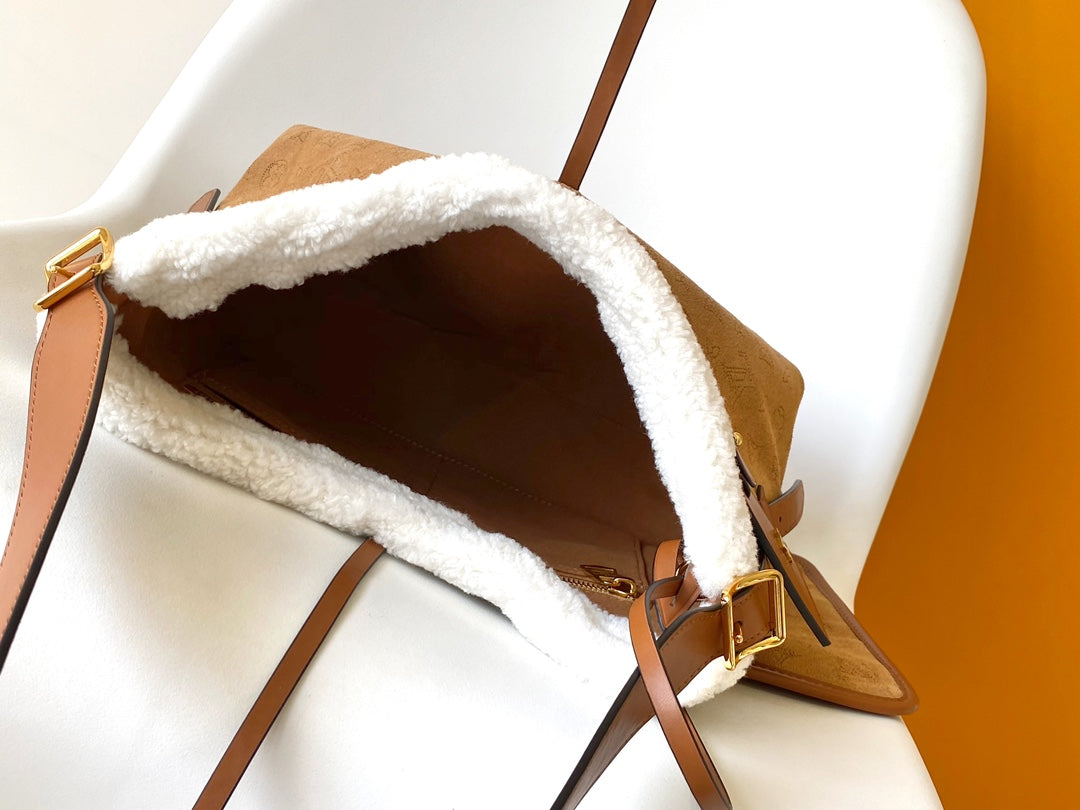 Louis Vuitton Monogram Suede Shoulder Bag with Sherpa Trim and Leather Bow