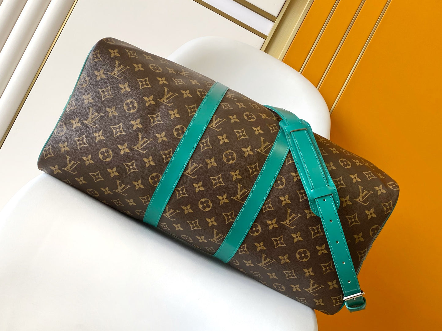Louis Vuitton Brown Monogram Travel Duffle Bag with Green Leather Accents