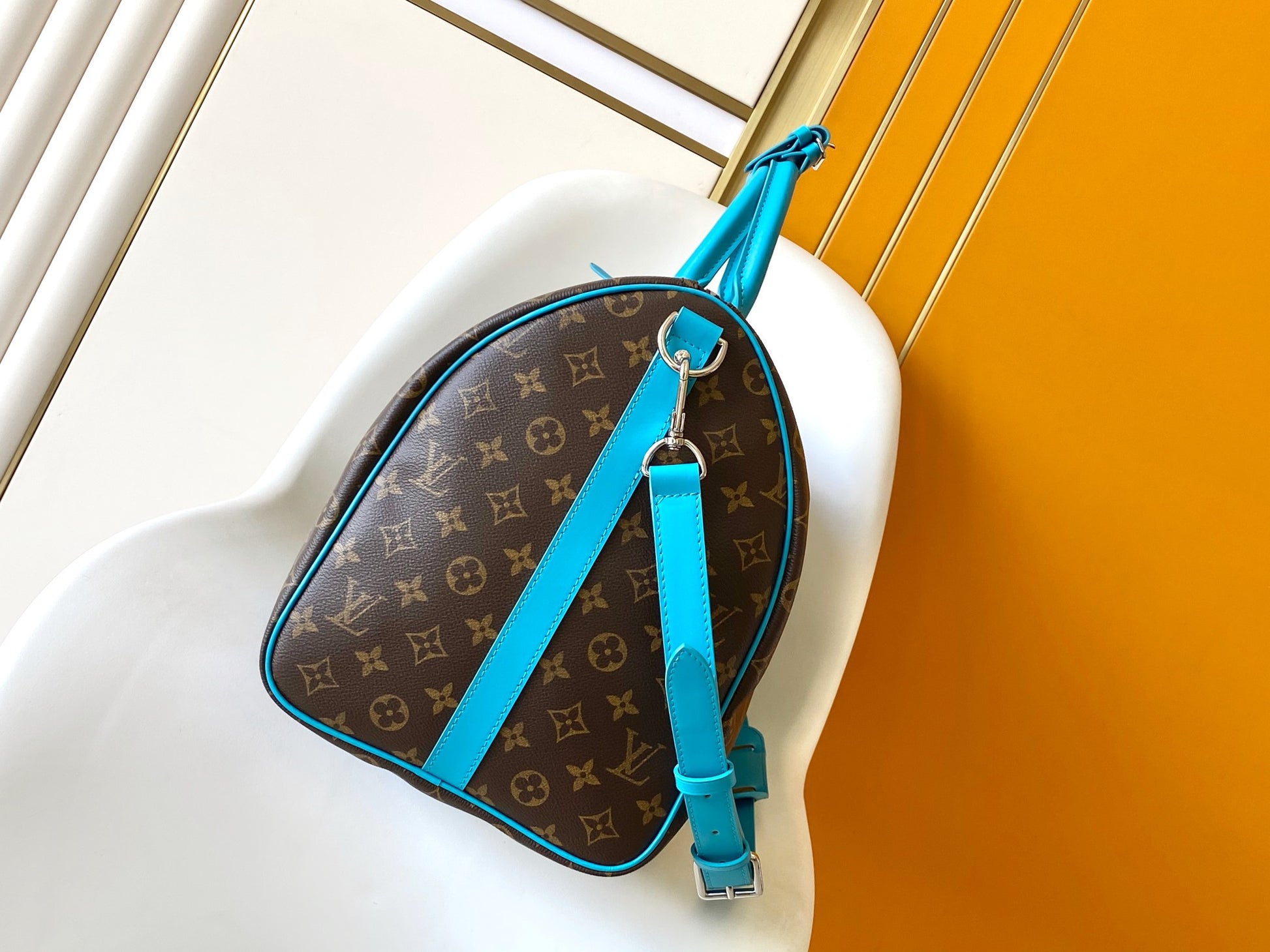 Louis Vuitton Vintage Monogram Canvas Travel Duffle Bag with Blue Leather Trim
