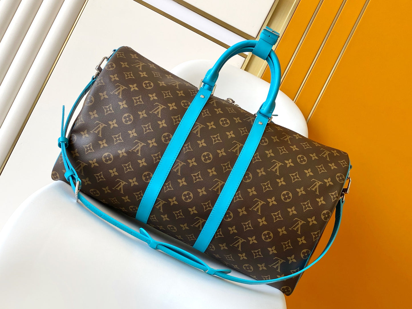 Louis Vuitton Vintage Monogram Canvas Travel Duffle Bag with Blue Leather Trim