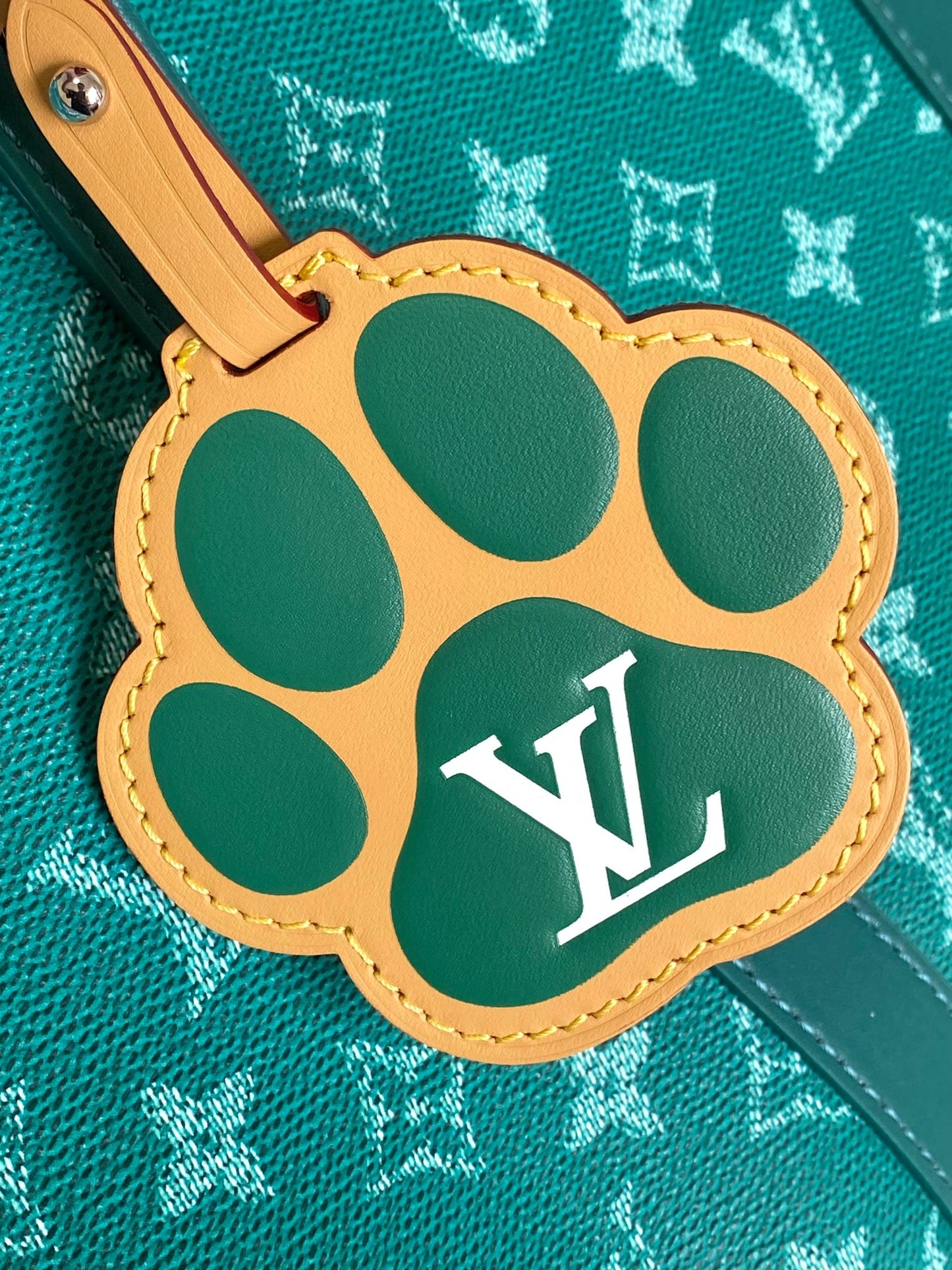 Louis Vuitton Green Monogram Pattern Travel Duffle Bag with Dog Paw Charm