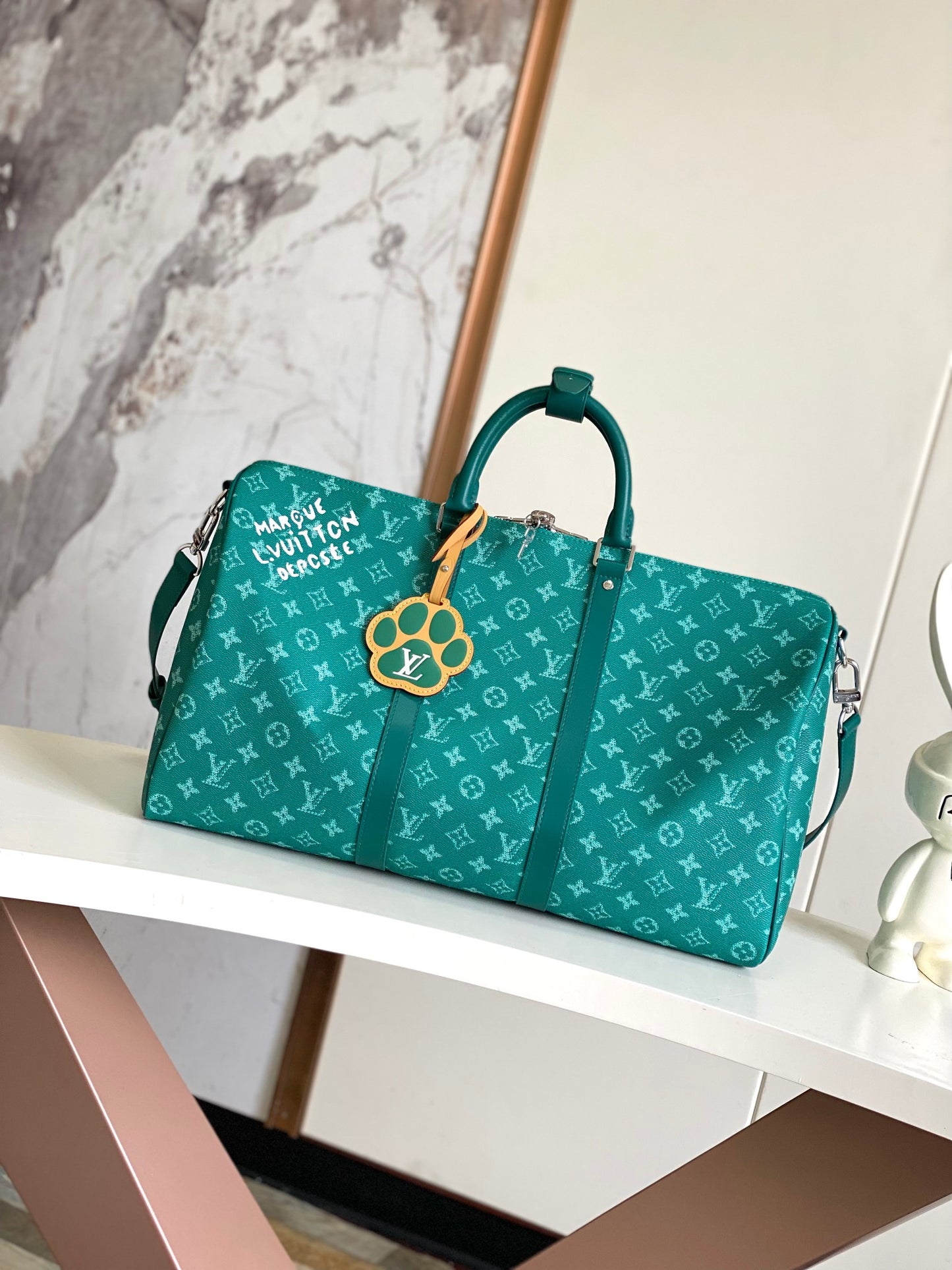 Louis Vuitton Green Monogram Pattern Travel Duffle Bag with Dog Paw Charm