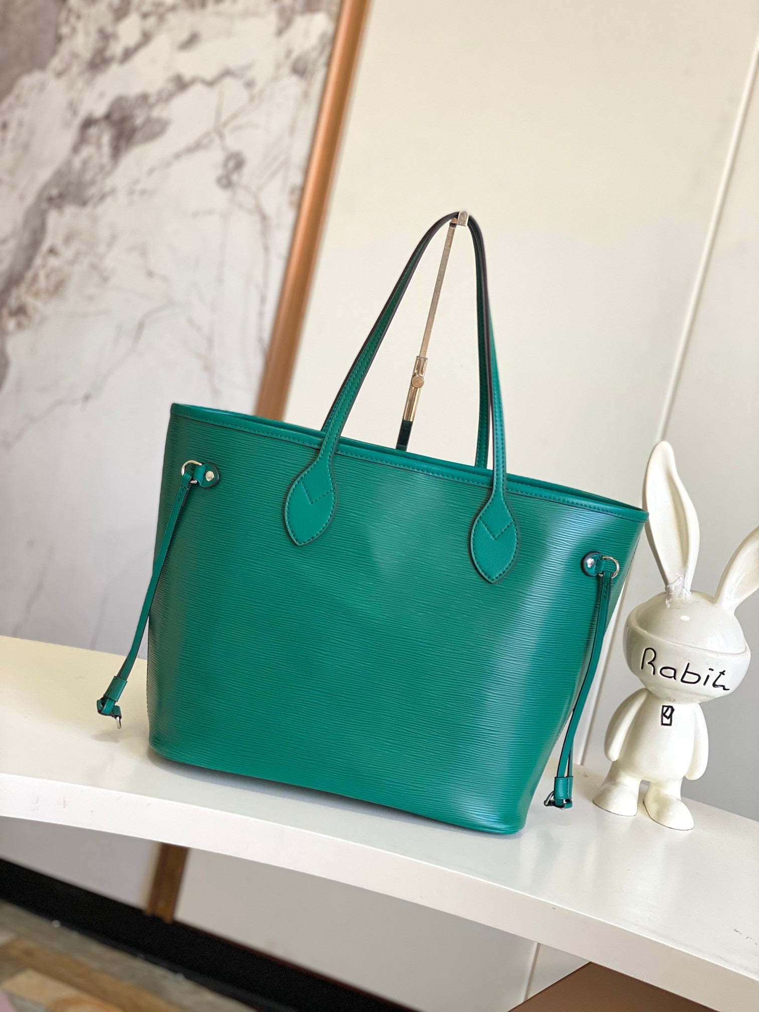 Louis Vuitton Classic Green Textured Leather Tote Bag with Side Drawstrings