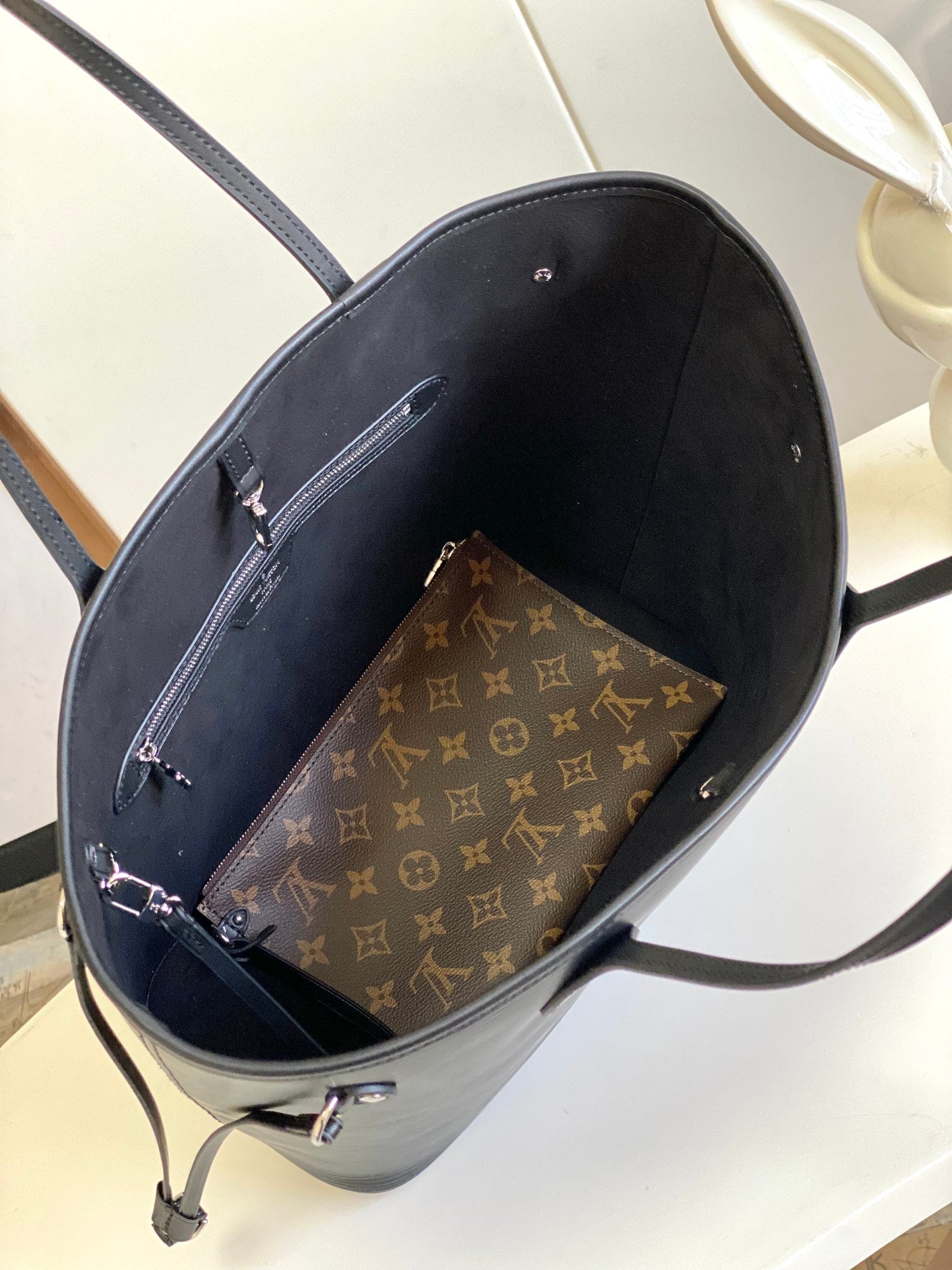 Louis Vuitton Classic Black Faux Leather Shoulder Tote Bag with Side Drawstrings