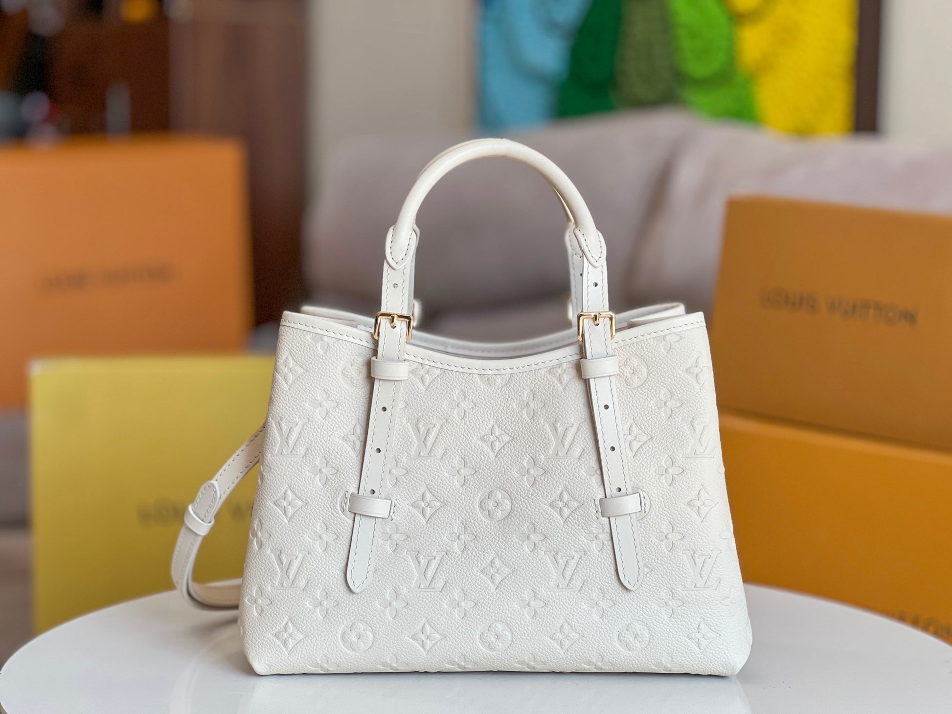 Louis Vuitton Elegant Cream Beige Embossed Leather Tote Bag with Top Handles