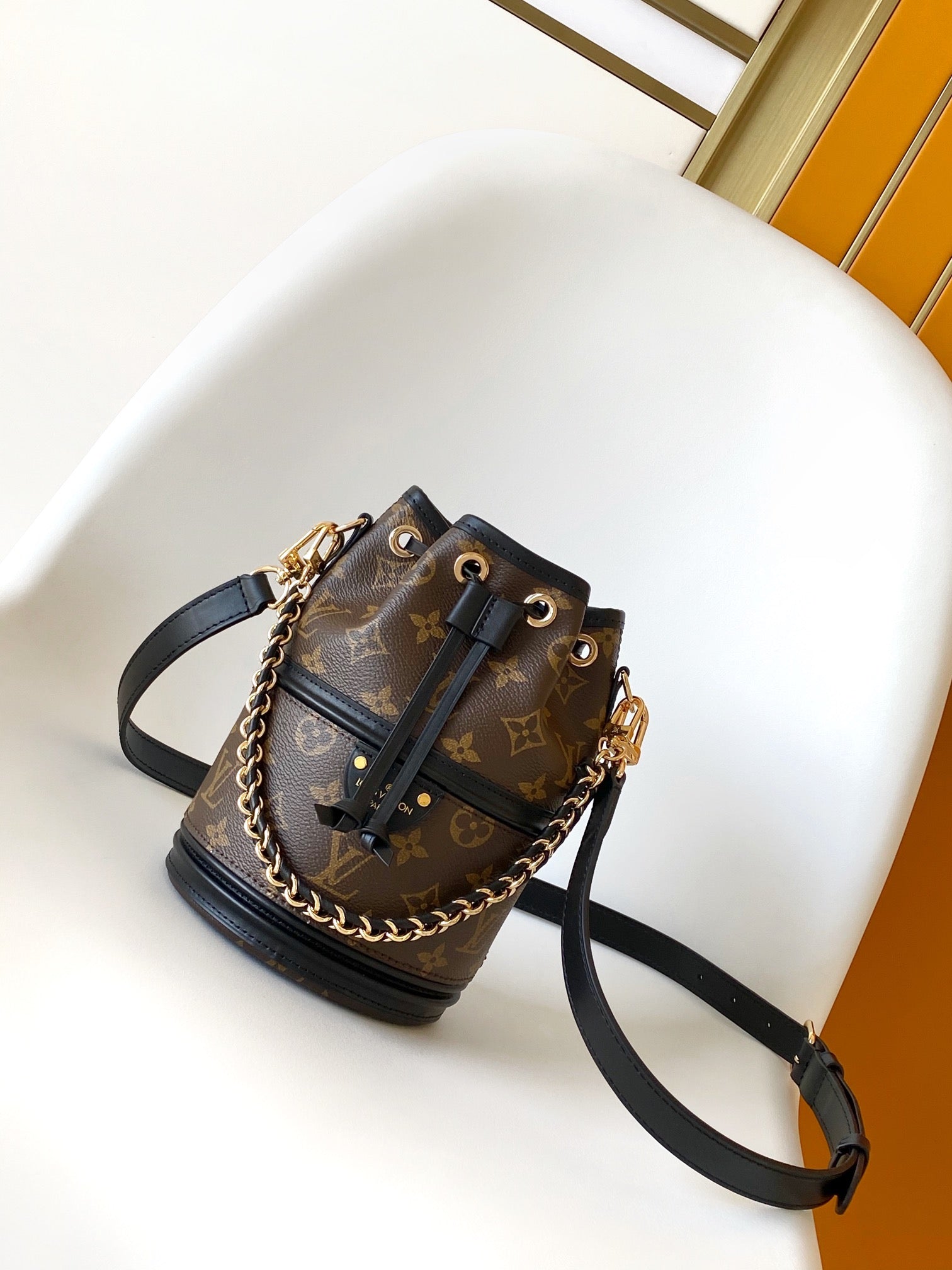Louis Vuitton Classic Monogram Canvas Duffle Bucket Bag with Gold Chain Strap