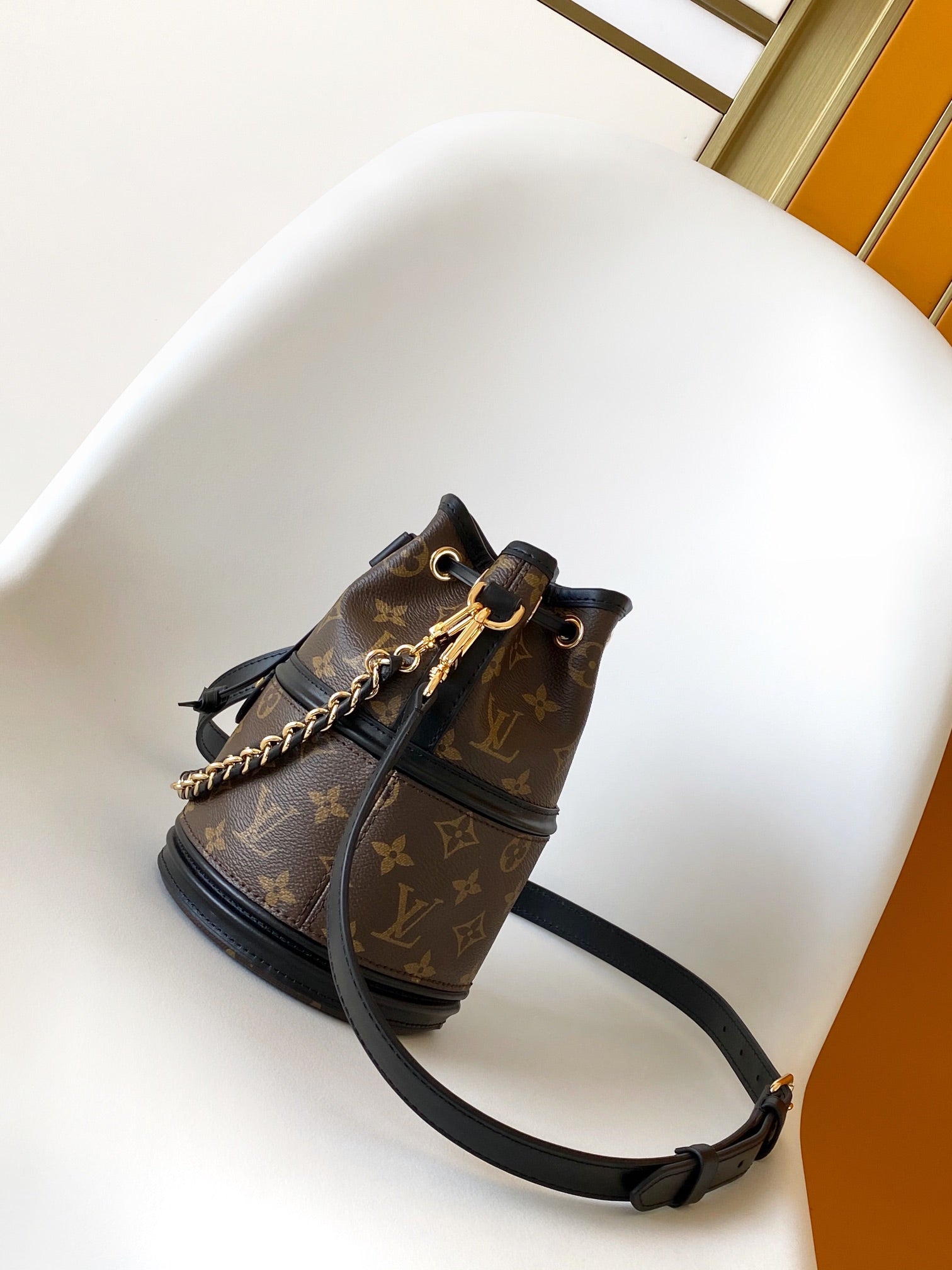 Louis Vuitton Classic Monogram Canvas Duffle Bucket Bag with Gold Chain Strap