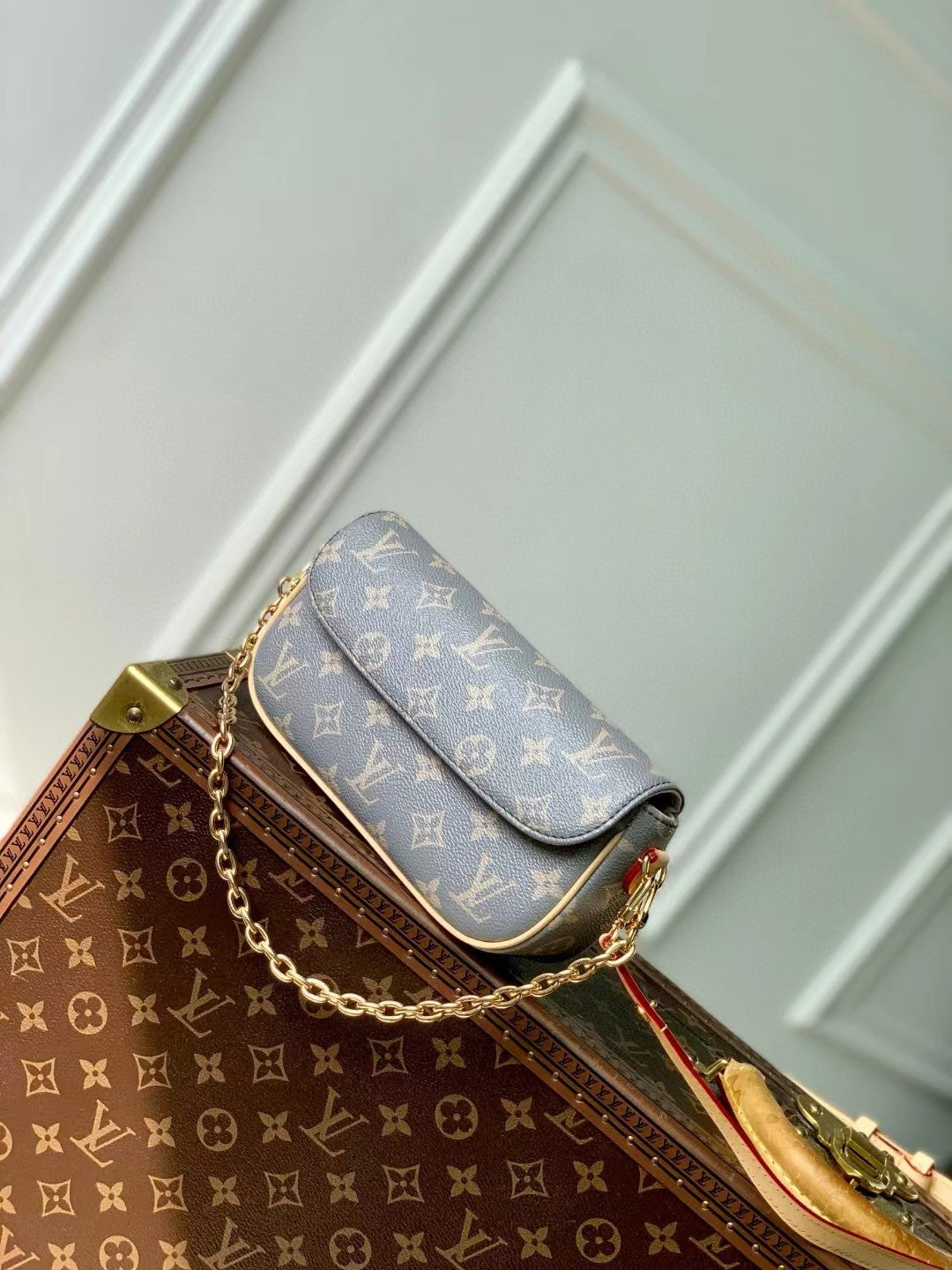 Louis Vuitton Blue Monogram Pattern Crossbody Flap Bag with Gold Chain
