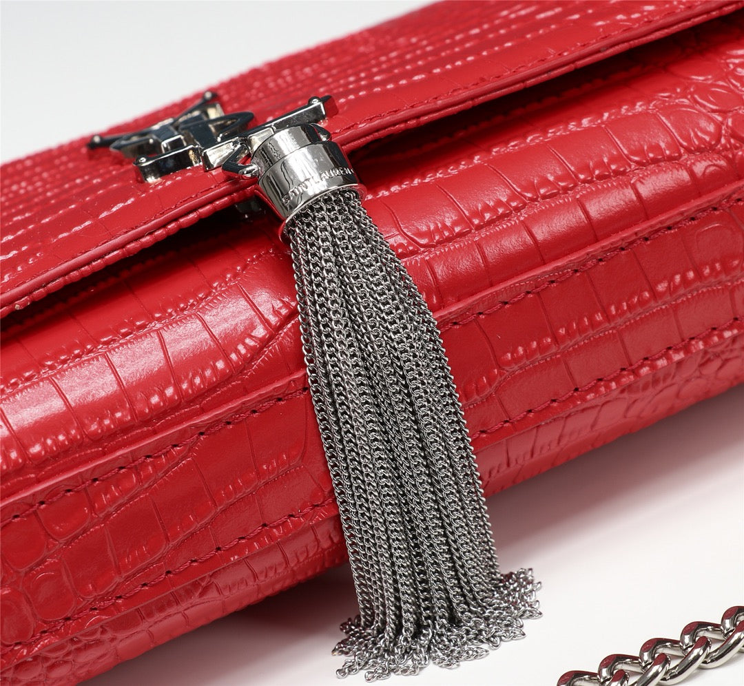 Saint Laurent Kate Small Tassel Bag in Red Crocodile-Embossed Leather