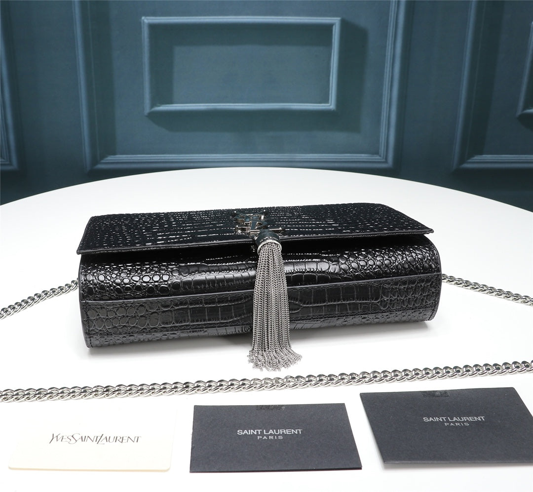 Saint Laurent Kate Small Tassel Bag in Crocodile-Embossed Leather - Black/Silver