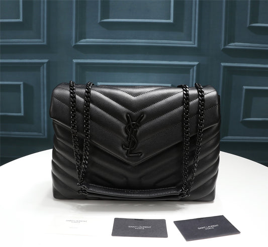 Saint Laurent Loulou Medium Chain Bag in Black Quilted Leather with Black Hardware
