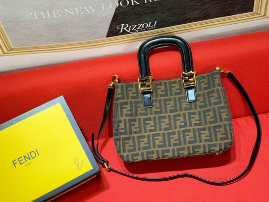 Fendi Sunshine Shopper Mini Canvas Tote Bag with FF Motif Brown/Gold