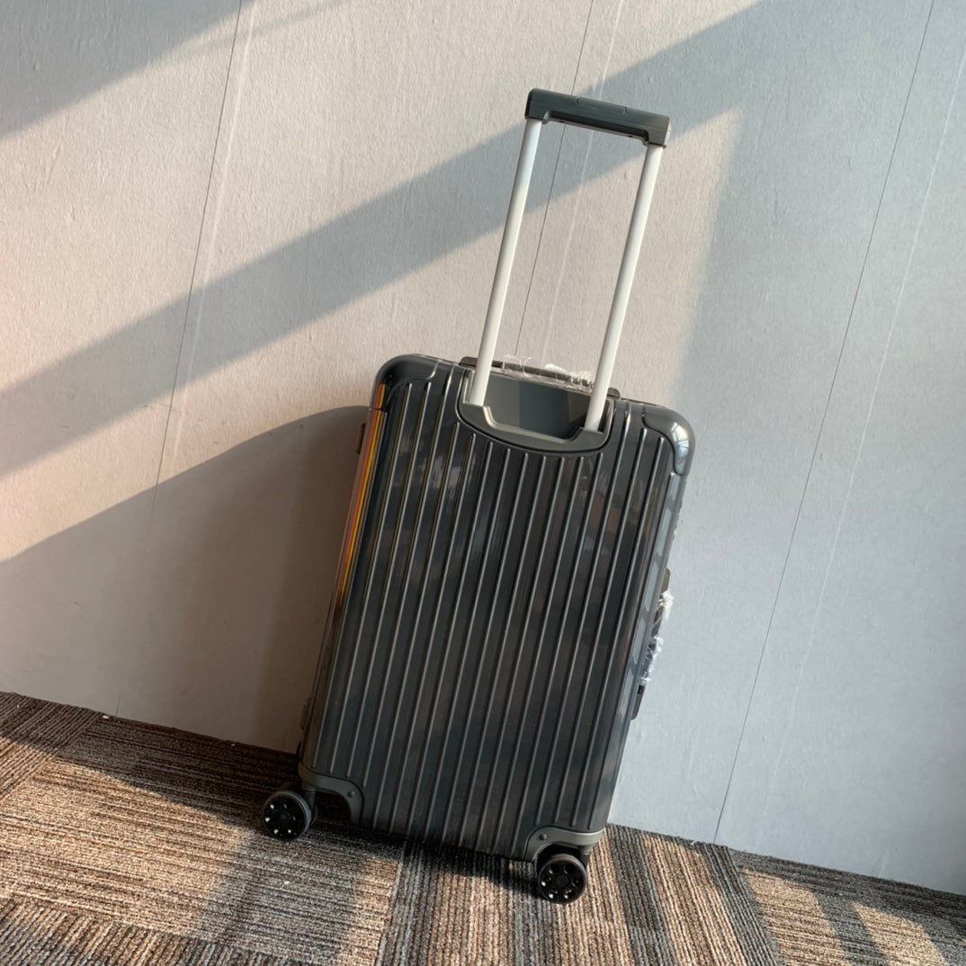 Modern Dark Grey Hardshell Spinner Suitcase with Ribbed Design