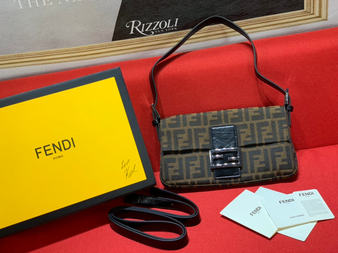 Fendi Baguette Zucca Monogram Canvas Shoulder Bag - Brown/Tobacco
