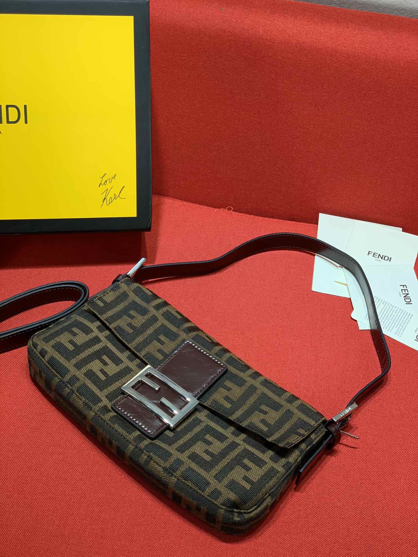 Fendi Brown Zucca Canvas Baguette Bag with Logo Clasp