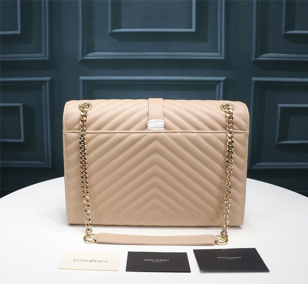 Saint Laurent Large Monogram Envelope Shoulder Bag in Quilted Grain de Poudre Embossed Leather - Beige/Nude