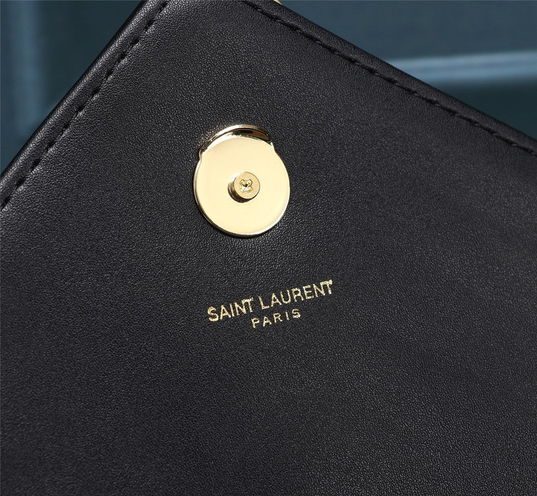 Saint Laurent Large Monogram Envelope Bag in Quilted Grain de Poudre Leather - Black with Gold Hardware
