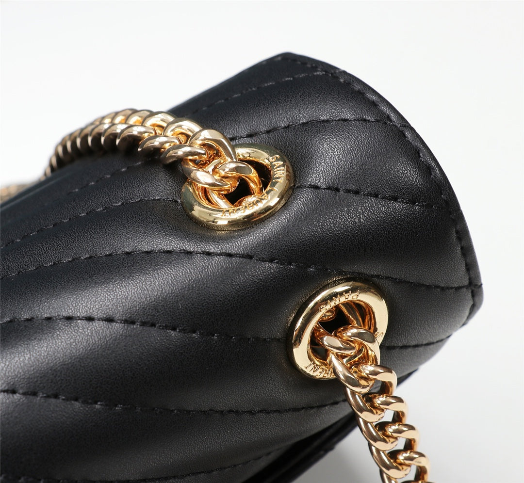 Saint Laurent Large Monogram Envelope Bag in Quilted Grain de Poudre Leather - Black with Gold Hardware