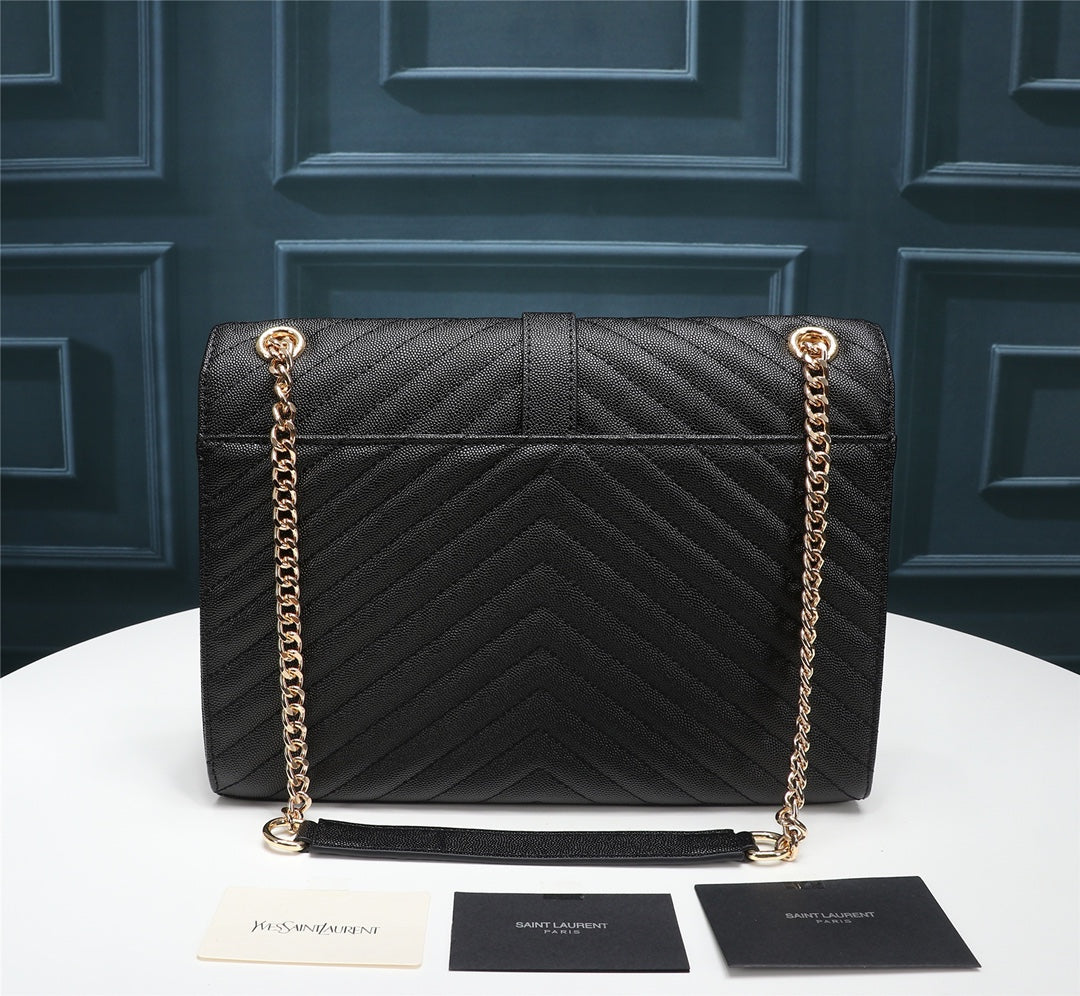 Saint Laurent Large Envelope Bag in Mix Matelassé Grain de Poudre Embossed Leather - Black