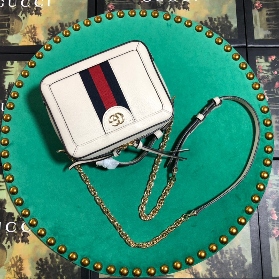 Gucci Ophidia Small Leather Shoulder Bag - White with Blue and Red Web