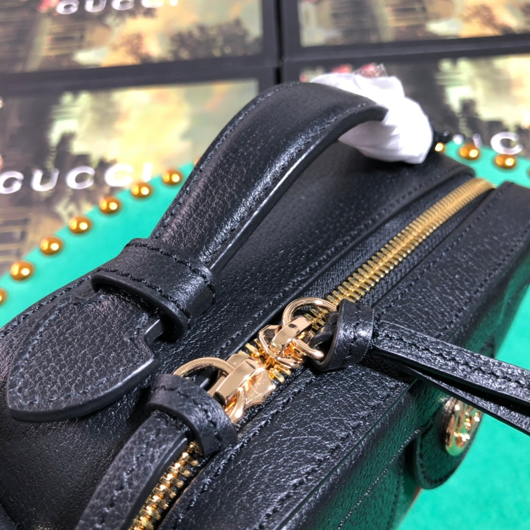 Gucci Vintage Black Leather Crossbody Bag with Red Green Web Stripe